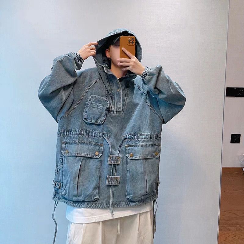 Retro hooded denim sweatshirt handsome jacket