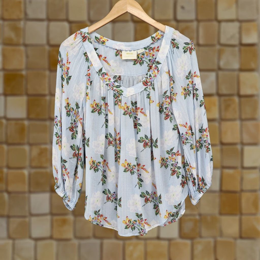 Vintage Maeve Anthropology Blouse Blue Floral Peasant Boho Summer Spring Size 8 Women Size M / US 6-8 / IT 42-44 - 1 Thumbnail