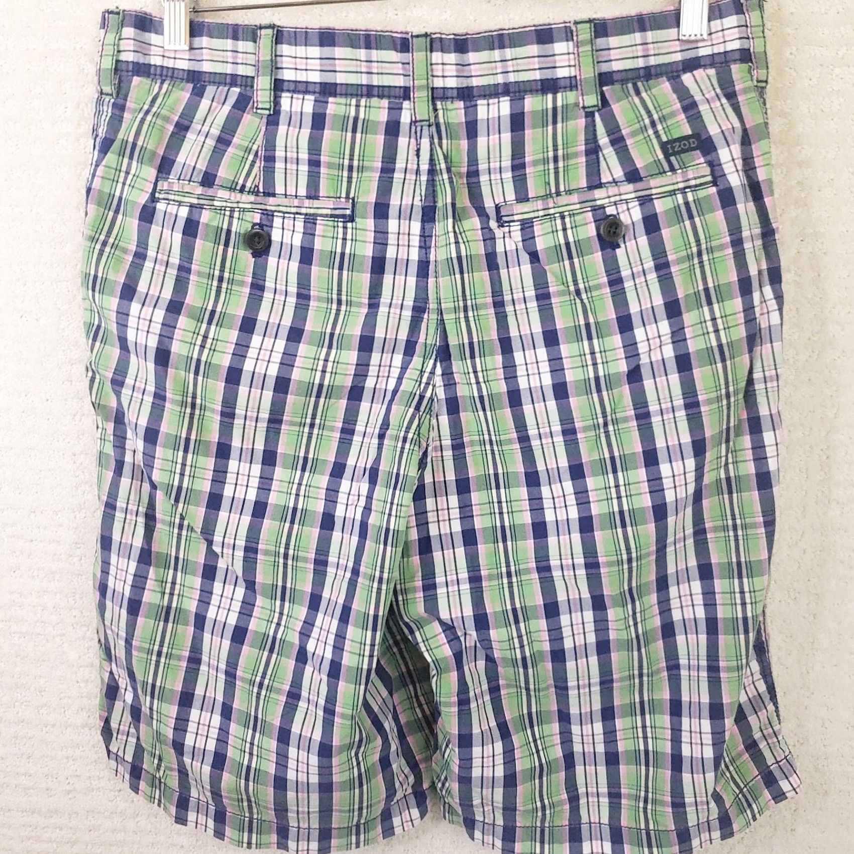 Izod Izod Saltwater Bermuda Shorts Men 33x10.5 Multicolor Plaid Cotton Blend Flat Front Regular Inseam 10.5" Summer Spring Fall Mens Size US 33 - 6 Thumbnail
