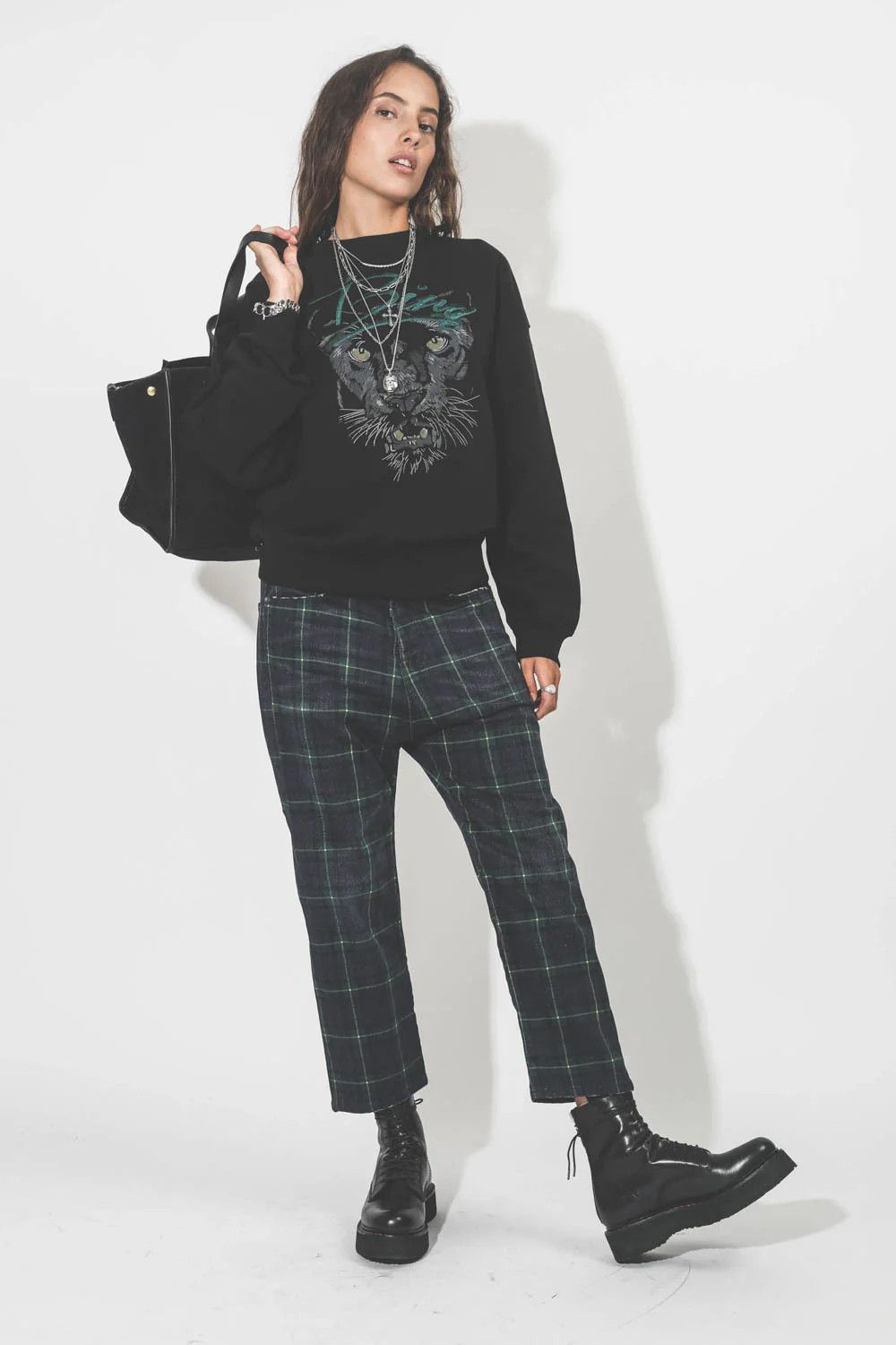 R13 Lisa Baggy Tailored Drop Tartan Green Navy Pants