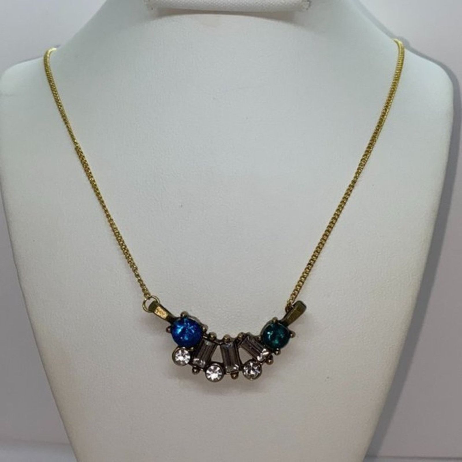 Handmade Gold-Tone Blue Green Rhinestone Necklace Size ONE SIZE - 1 Thumbnail