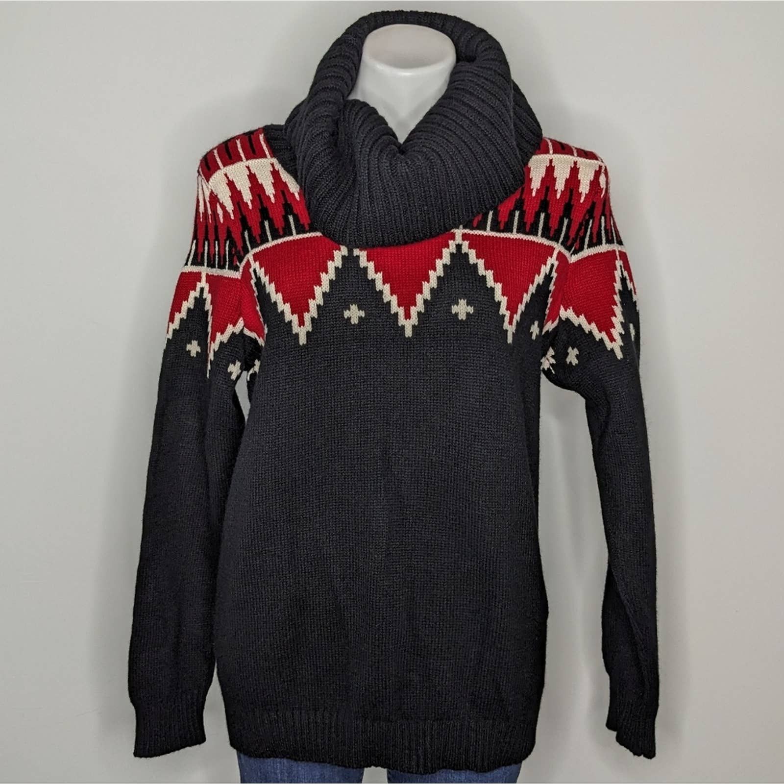 Image of Lauren Ralph Lauren Lrl Ralph Laurent Black Red Geometric Mock Neck Sweater, Women's (Size Medium)