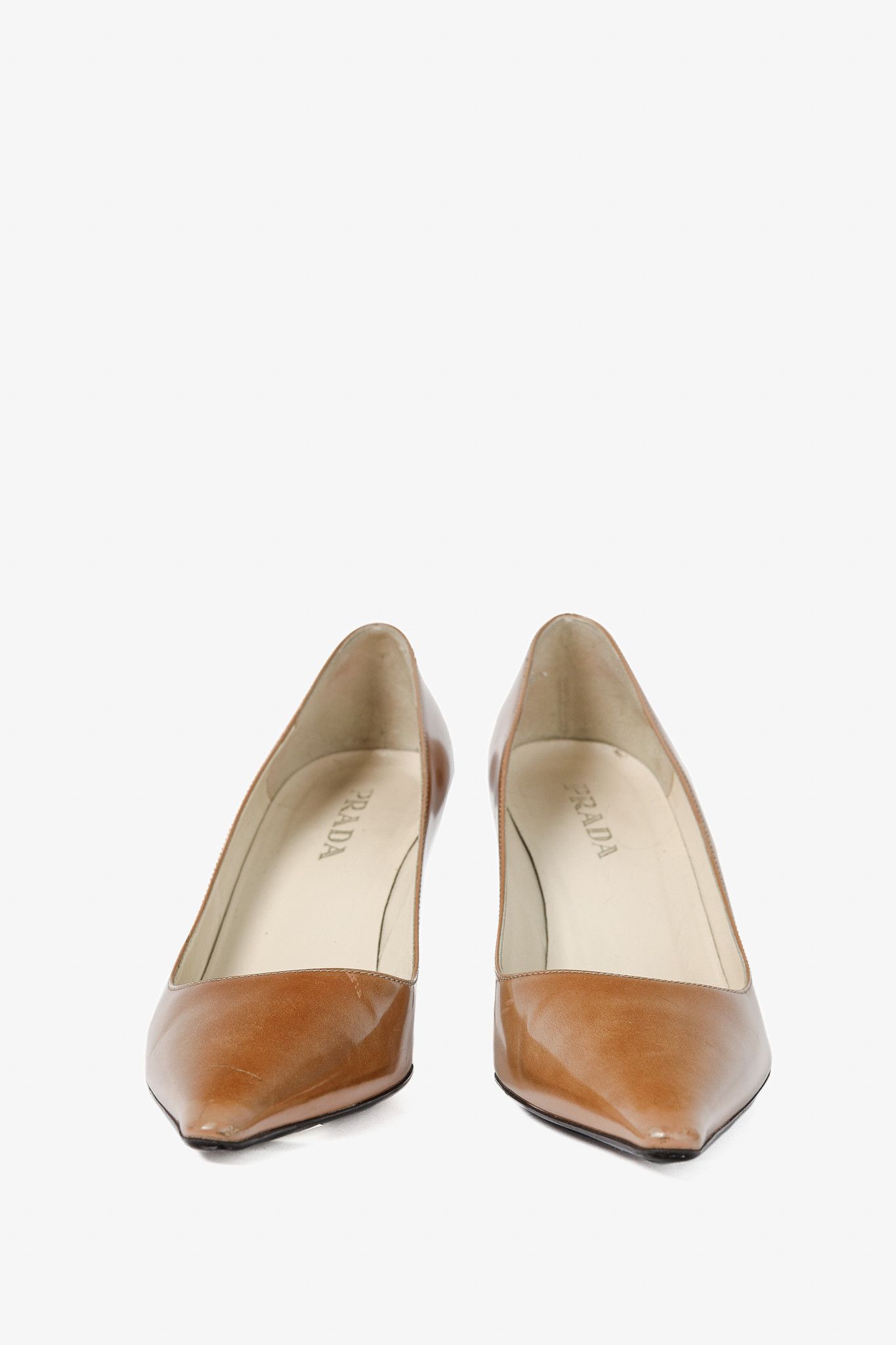 Prada Prada Light Brown Buffed Patent Leather Pointed-Toe Pumps Size US 5 / IT 35 - 2 Thumbnail