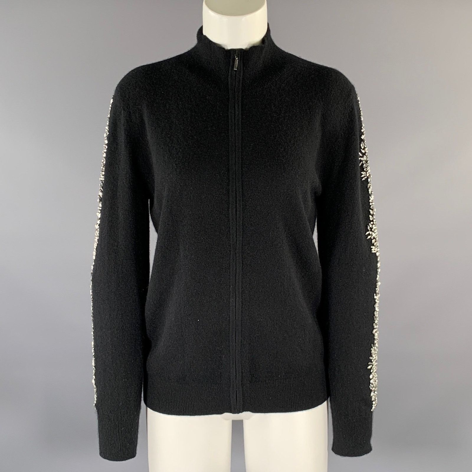 Neiman Marcus NEIMAN MARCUS M Black Cashmere Embellishment Zip Up Cardigan Size M / US 6-8 / IT 42-44 - 1 Thumbnail