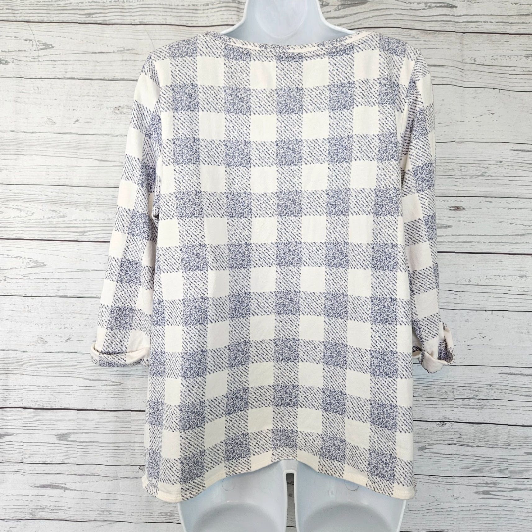 J. Jill J. Jill Blouse Womens Top 3/4 Sleeve Checkered Blue White Cotton Blend M Multicolor Womens Size M / US 6-8 / IT 42-44 - 4 Thumbnail