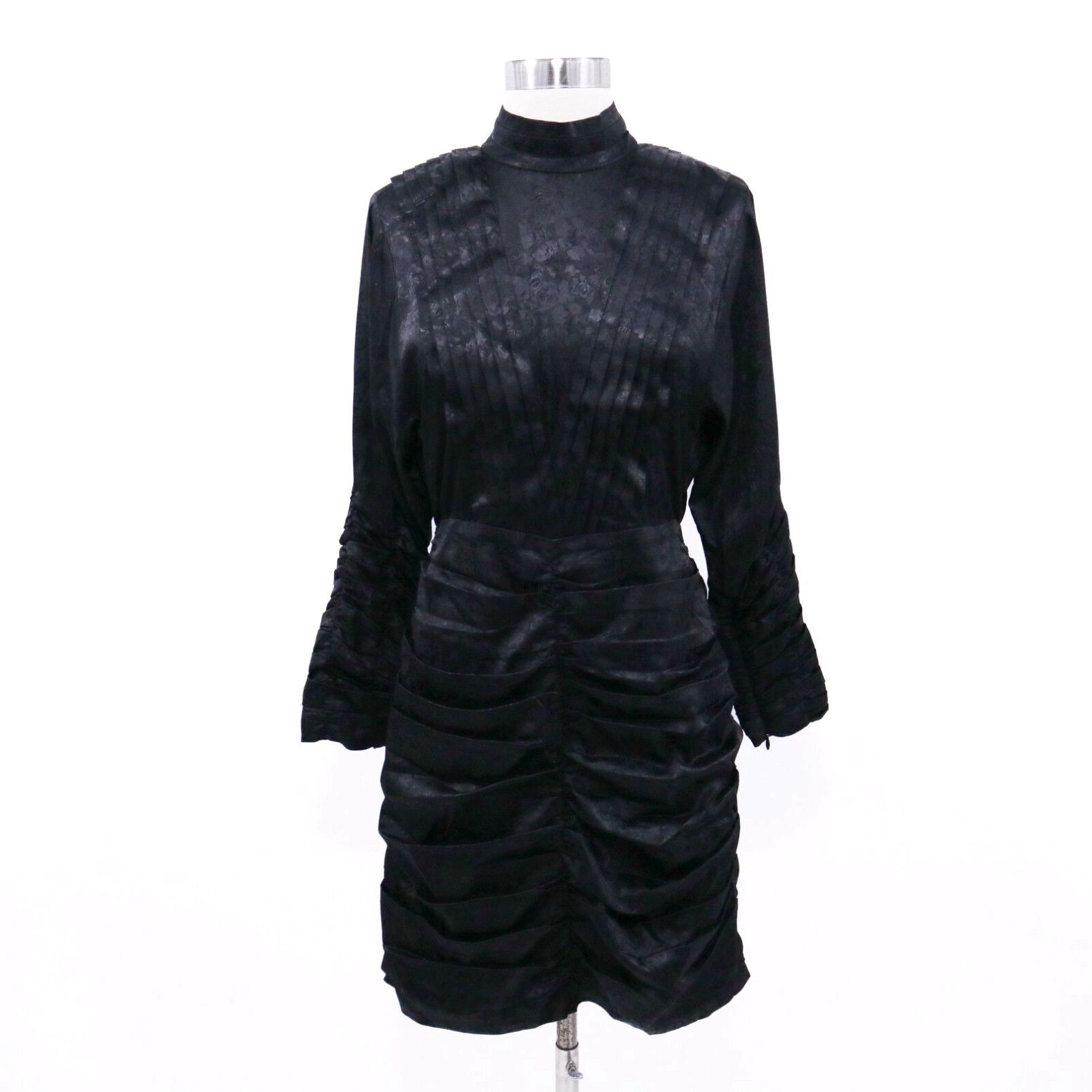 image of Hunter Bell Ariana Mini Dress Womens 4 New Black Satin Pleats Ruched Puff Sleeve in White (Size Sma