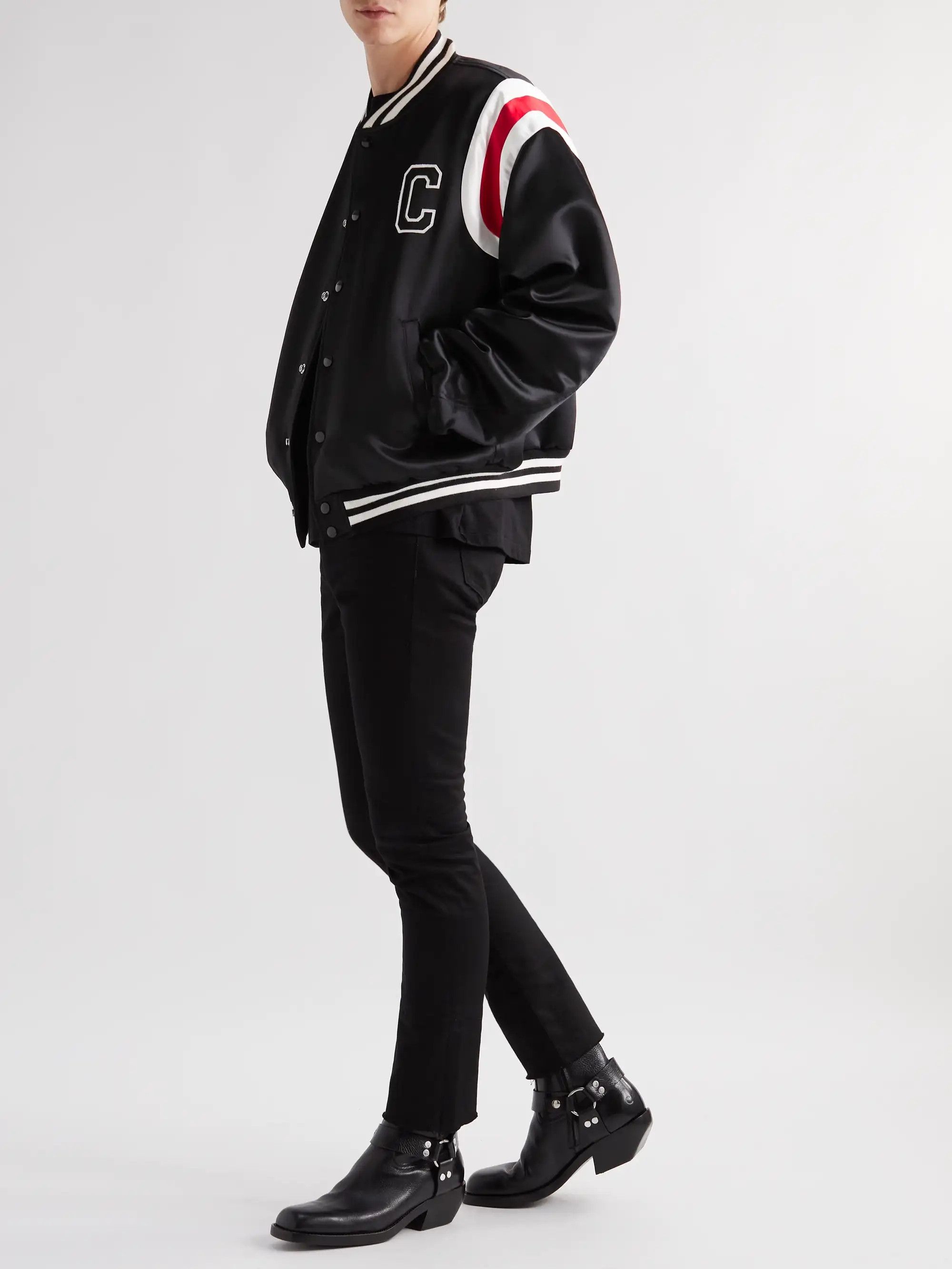 Celine o1mle0426 Teddy Logo Applique Satin Varsity Jacket in Black Size US M / EU 48-50 / 2 - 2 Thumbnail