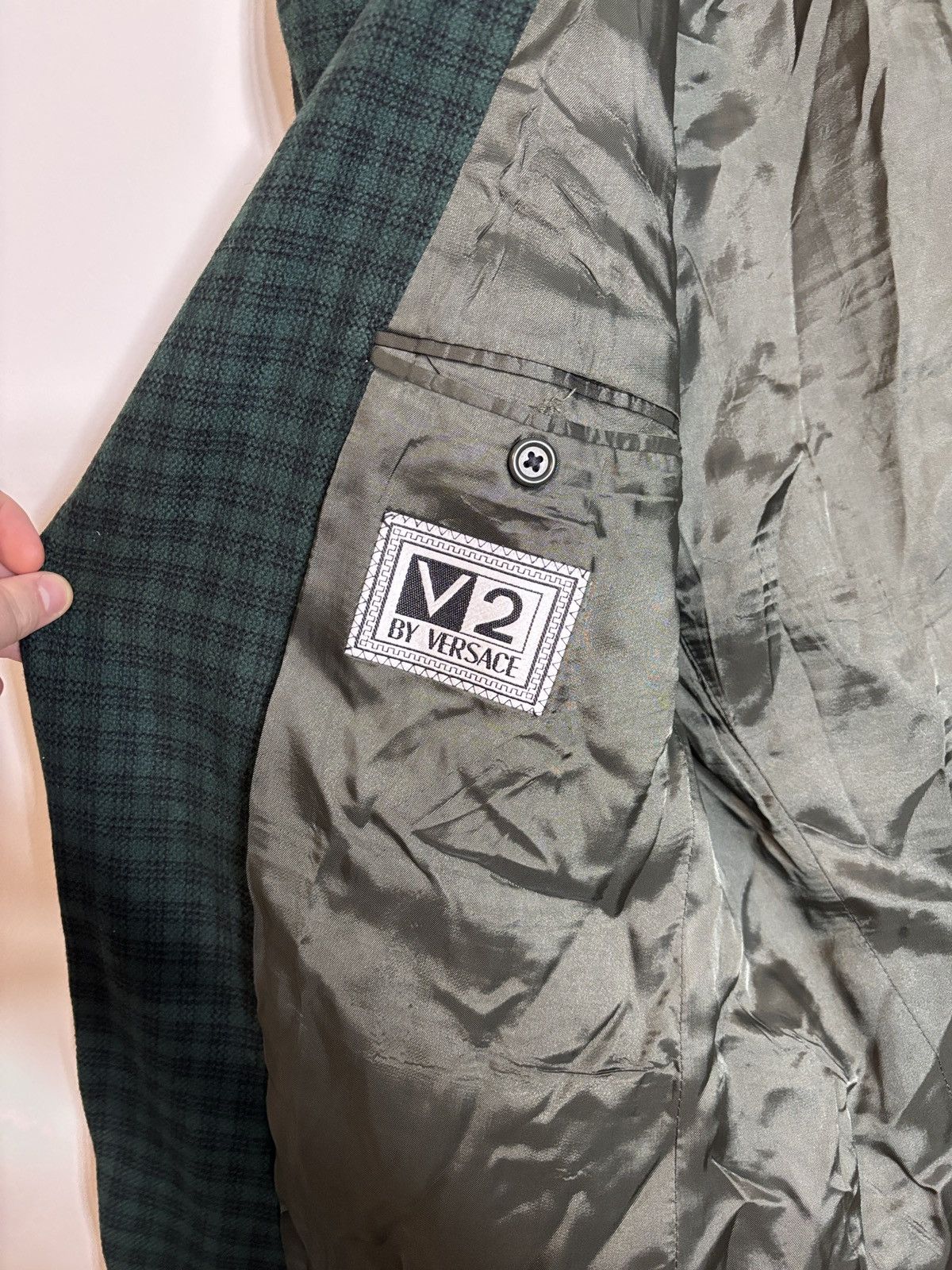Versace Vintage Versace V2 Green Check Plaid Wool One Button Blazer Size 44R - 3 Thumbnail