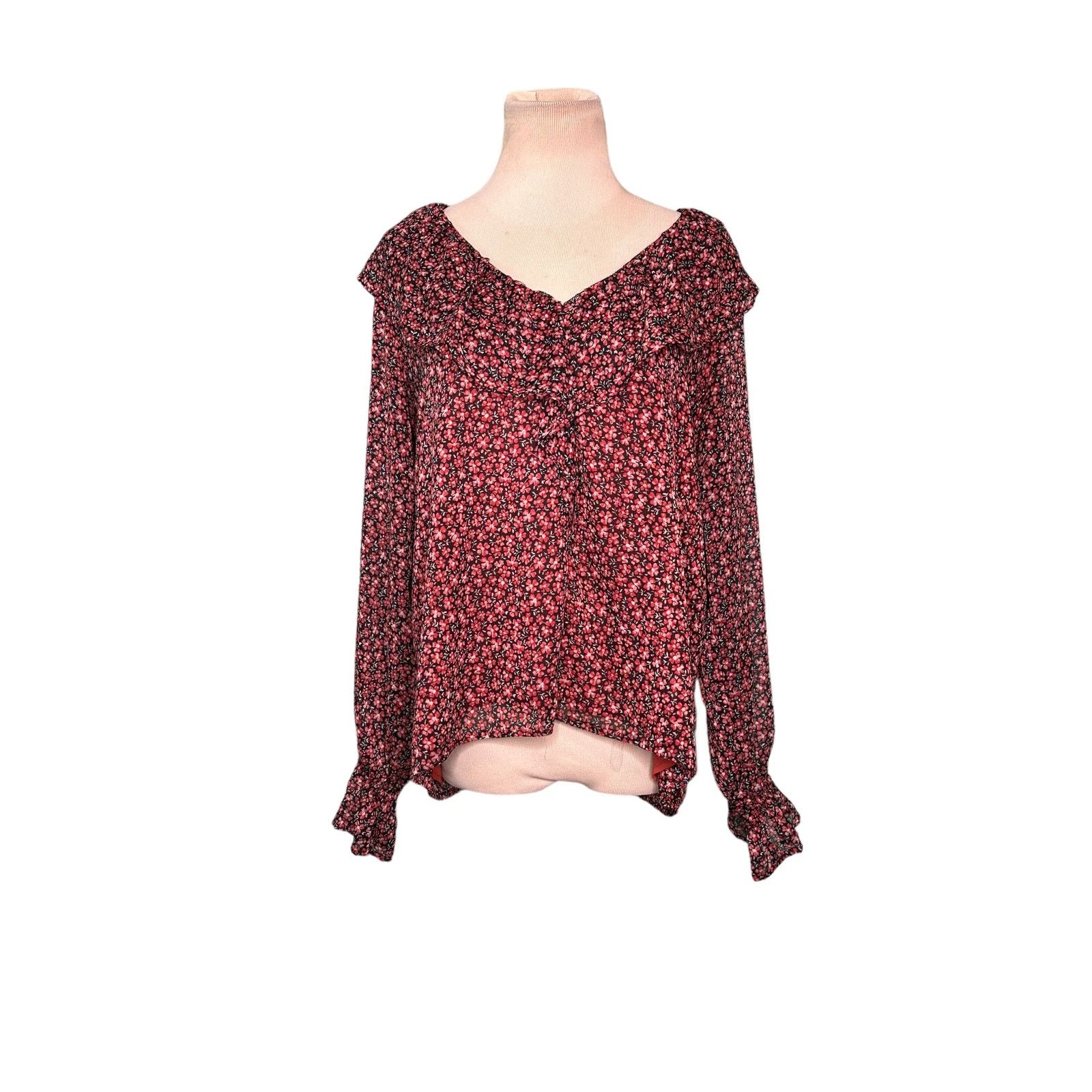 Loft Loft red floral long sleeves ruffled sheer blouse size small Size S / US 4 / IT 40 - 10 Thumbnail
