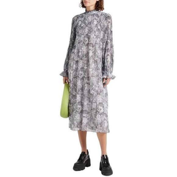 Ganni Floral Print Plisse Crepe de Chine Midi Dress Phantom Gray Size M / US 6-8 / IT 42-44 - 2 Thumbnail
