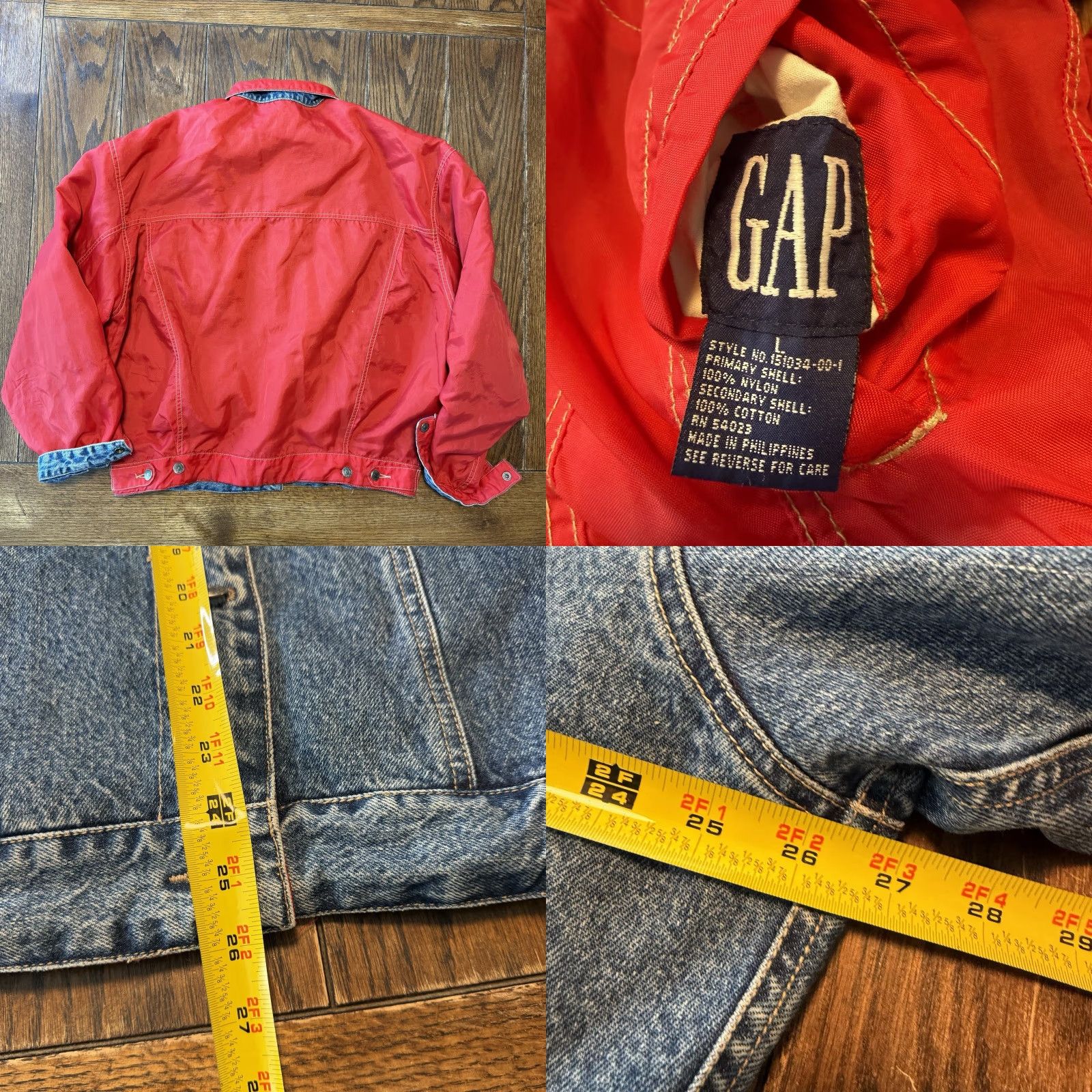 Gap VINTAGE GAP Jean Trucker Jacket Reversible RED Nylon & Blue Denim Large Size US 33 - 8 Thumbnail
