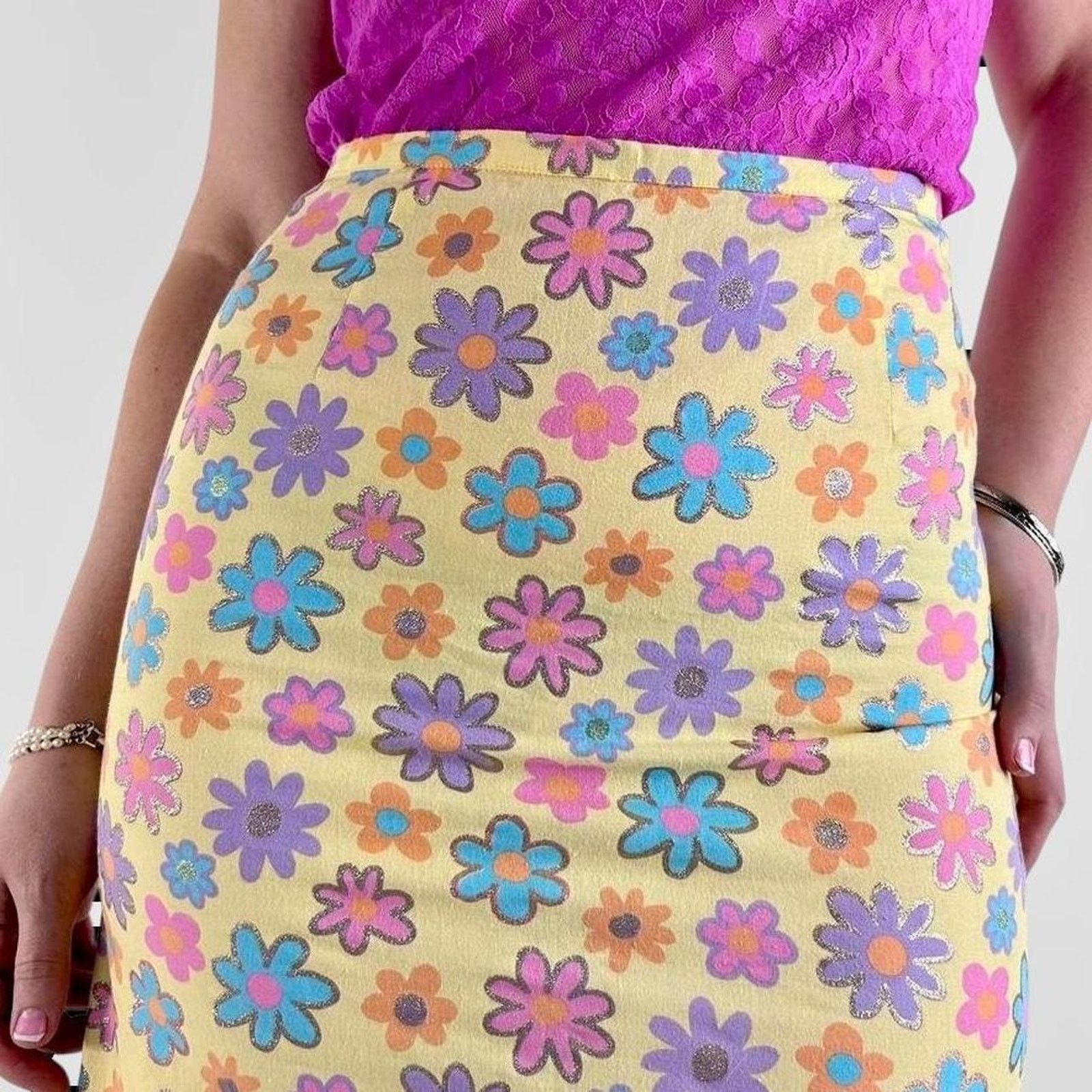 Other y2k yellow pink floral midi skirt Size 28" / US 6 / IT 42 - 4 Thumbnail