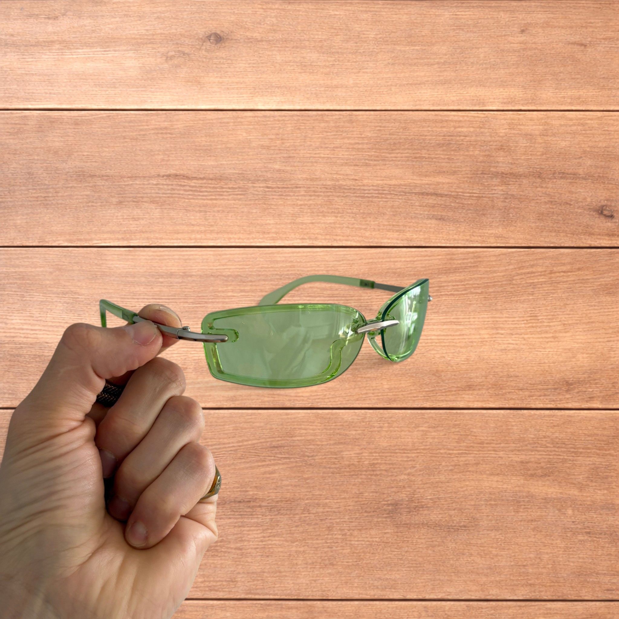 Japanese Brand Rimless rectangle frame sunglasses in green and silver. Size ONE SIZE - 1 Thumbnail
