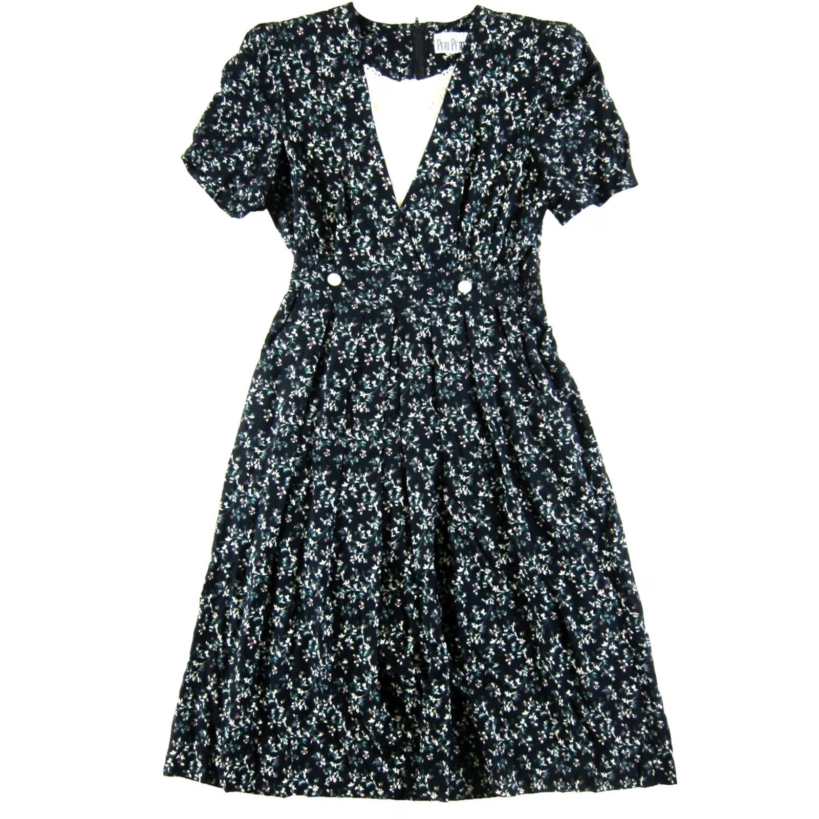 Vintage VINTAGE Peri Petites Dress Florals Short Sleeve Pocket Midi Black L Womens Size 36" / US 14 / IT 50 - 2 Thumbnail