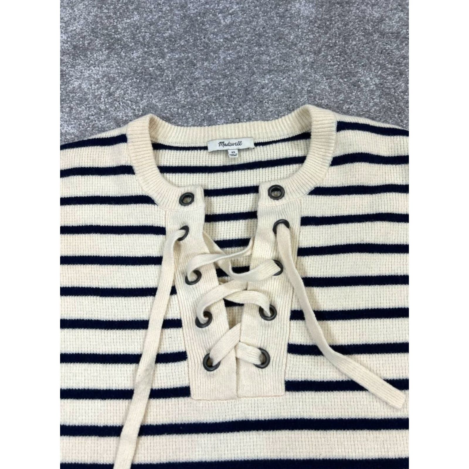 Madewell Madewell Sweater Womens XS White Blue Merino Wool Knit Pullover Striped Crew Neck Long Sleeve Casual Winter Spring Fall Size XS / US 0-2 / IT 36-38 - 2 Thumbnail