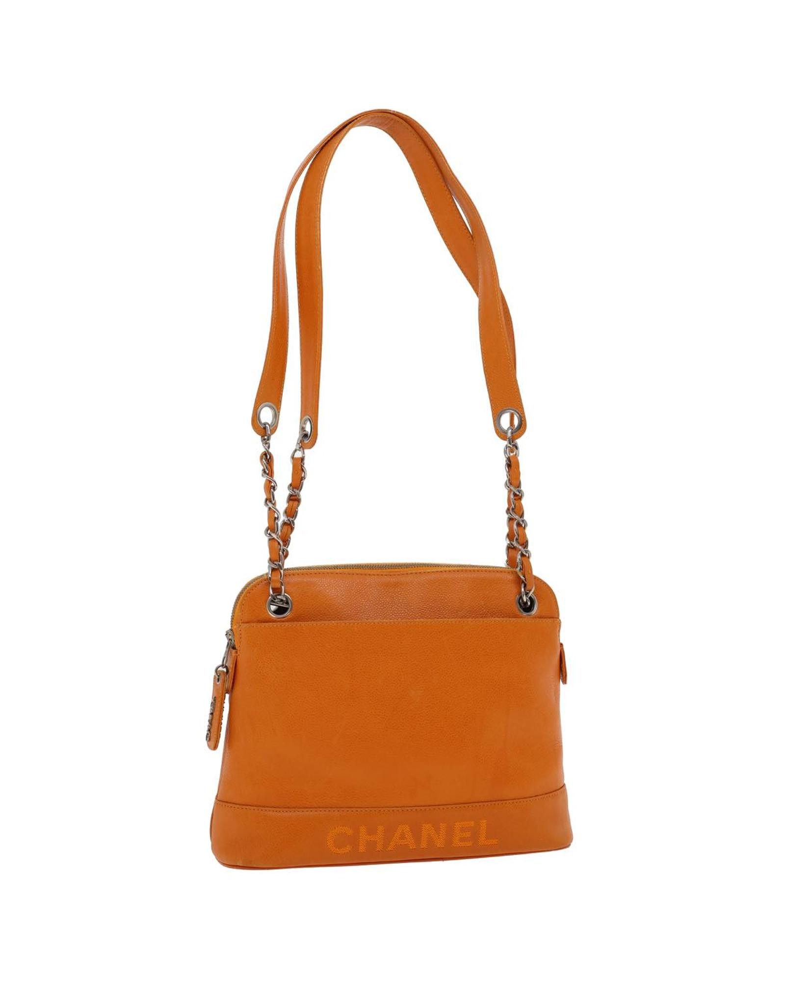 image of Chanel Chain Shoulder Bag Caviar Skin Orange Cc, Women's