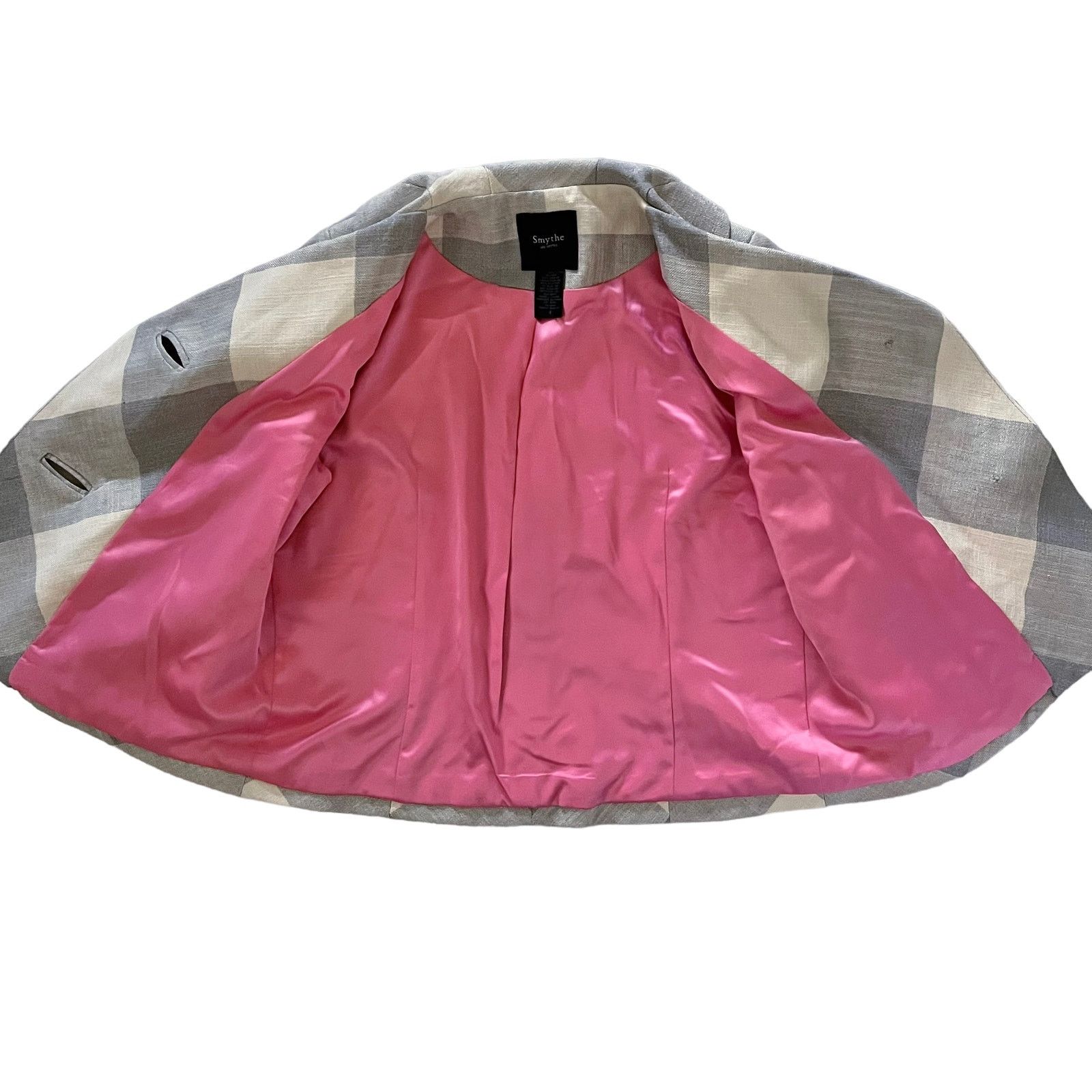 SMYTHE Smythe Light Gray Buffalo Check Cropped Silk Linen Jacket Size S / US 4 / IT 40 - 4 Thumbnail