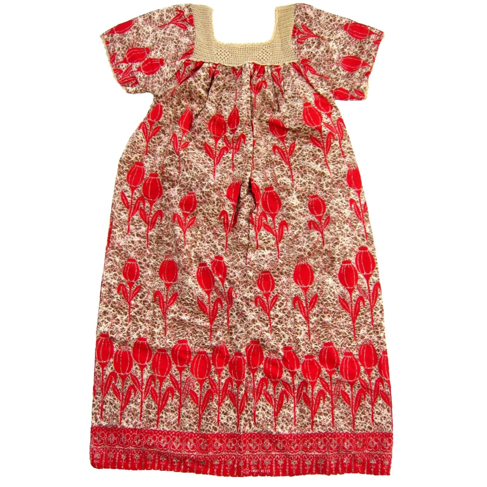 Vintage VTG Handmade Red Brown Floral Cotton Crochet Short Sleeve Maxi Kaftan Dress M Size 32" / US 10 / IT 46 - 2 Thumbnail