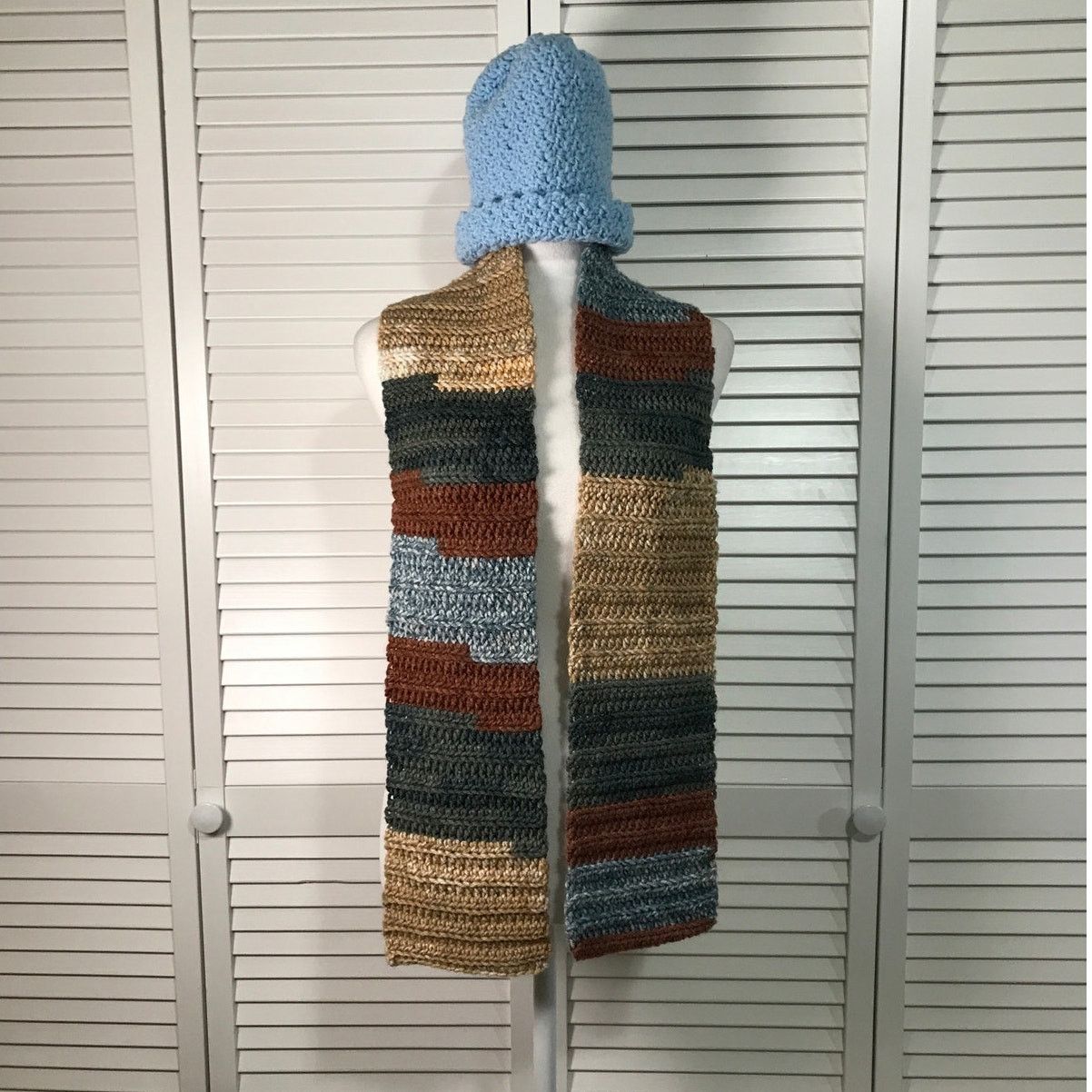 Handmade NWT Handmade Crocheted Blue Multicolor Beanie Scarf 57” Size ONE SIZE - 1 Thumbnail