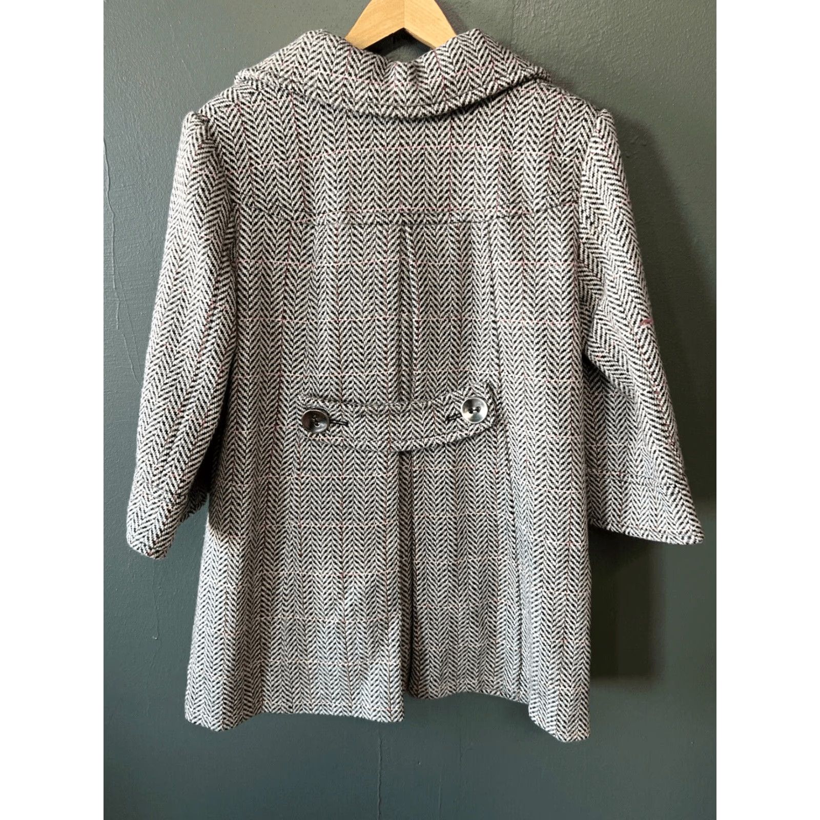 Vintage Moda International Wool Blend Pea Coat Herringbone Tweed Black White Red Medium Coat Women M Black Tweed Wool Blend Pea Coat 90s Style Womens Size M / US 6-8 / IT 42-44 - 4 Thumbnail