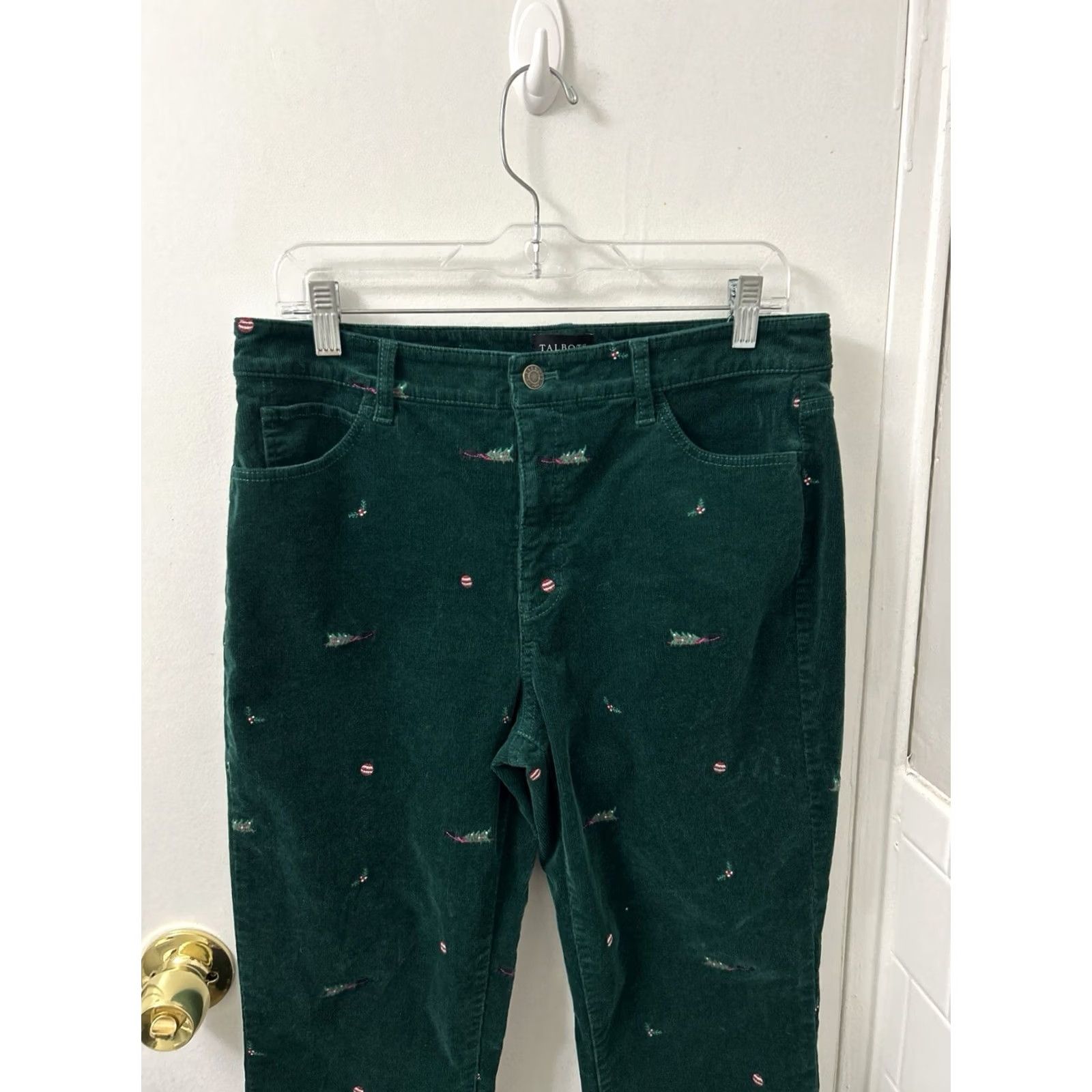 Talbots VINTAGE Talbots Pants Womens 10P Green Corduroy Straight Leg Christmas Embroidered Size 32" / US 10 / IT 46 - 2 Thumbnail