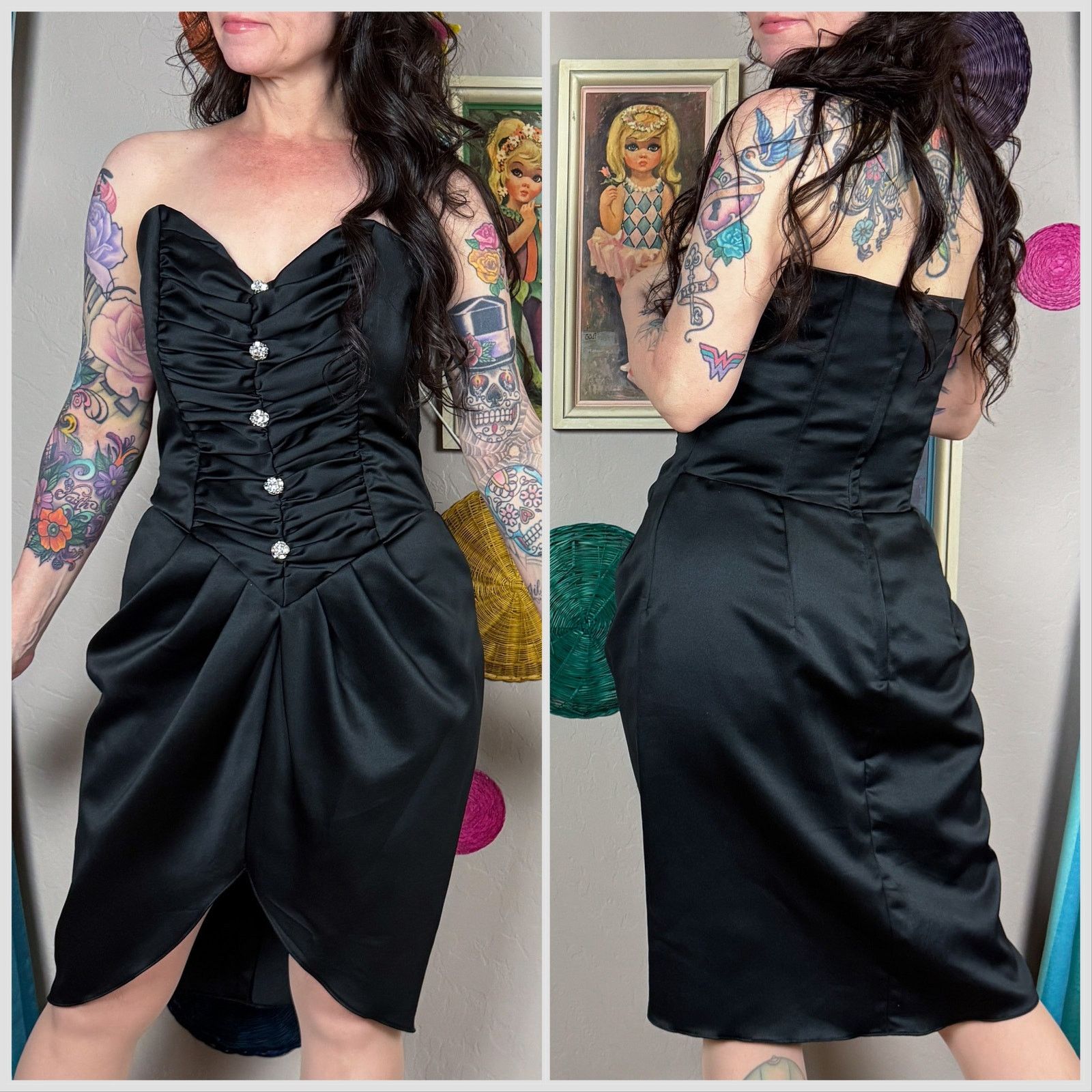 Vintage 1980s Black Satin Strapless Sweetheart Ruched Cocktail Dress Size M / US 6-8 / IT 42-44 - 3 Thumbnail