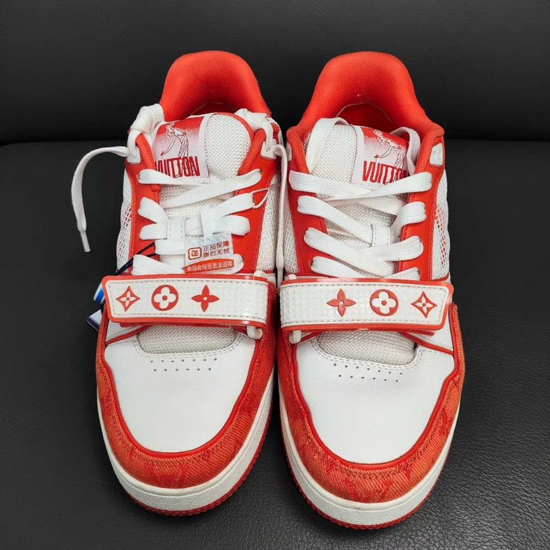 Louis Vuitton LV Leather Denim Trainer Sneakers Orange White - dmc Size US 5.5 / EU 38 - 1 Thumbnail