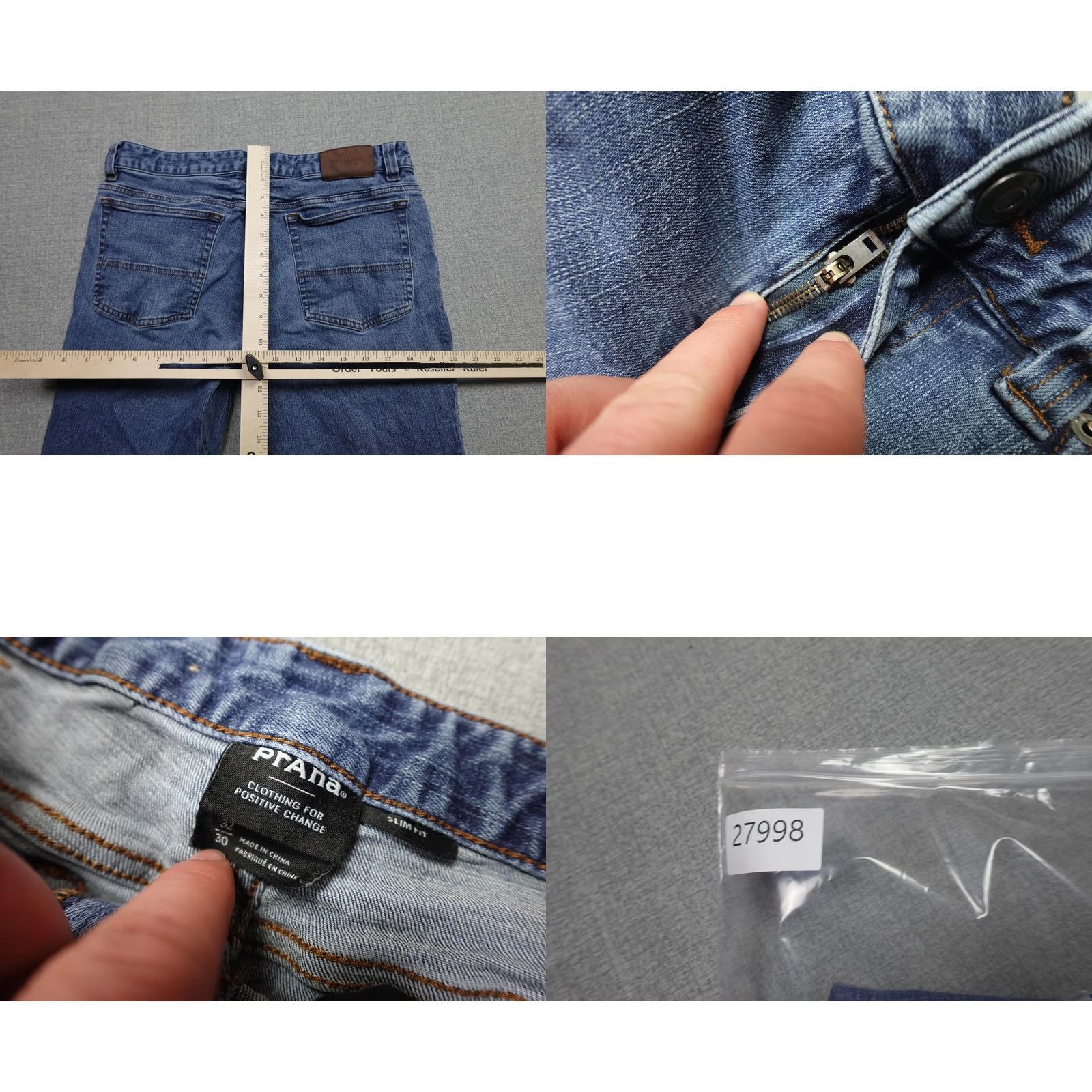 Prana PrAna Slim Jeans Mens 32x30 Blue Medium Denim Straight Pants 5-Pocket Zip Fly Logo Patch Casual Size US 32 / EU 48 - 8 Thumbnail