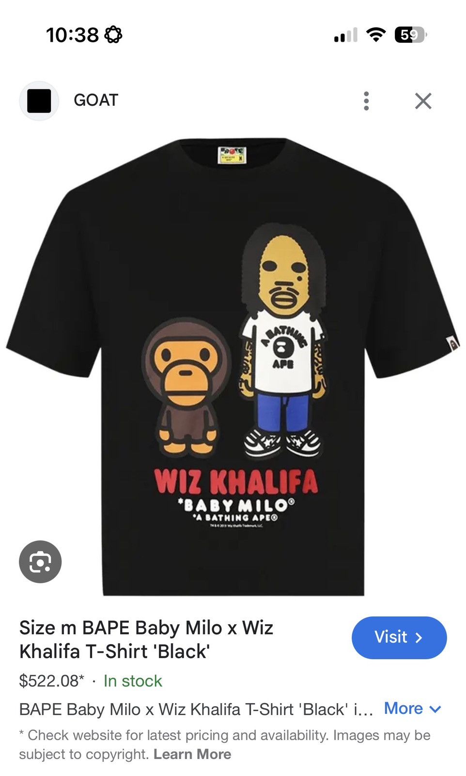 Bape Authentic Baby Milo X Wiz khalifa Tee Size M Size US M / EU 48-50 / 2 - 7 Thumbnail