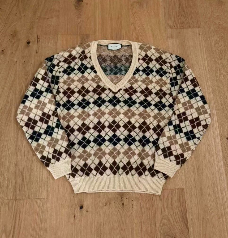 Gucci Gucci college style brown plaid wool V-neck sweater Size US S / EU 44-46 / 1 - 1 Thumbnail