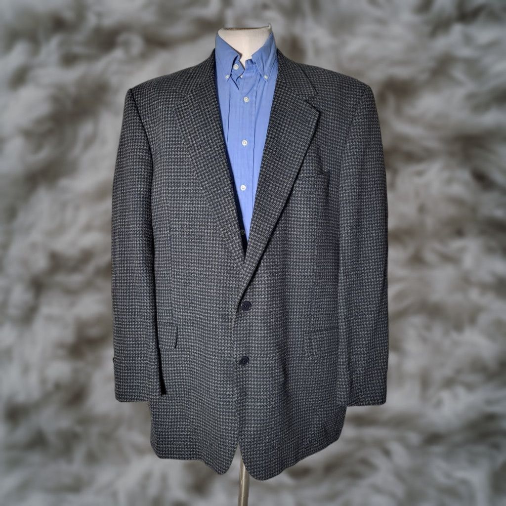 J. Abboud Woven Blue Brown Check Wool Tweed Blazer Jacket SportCoat Hopsack 46XL