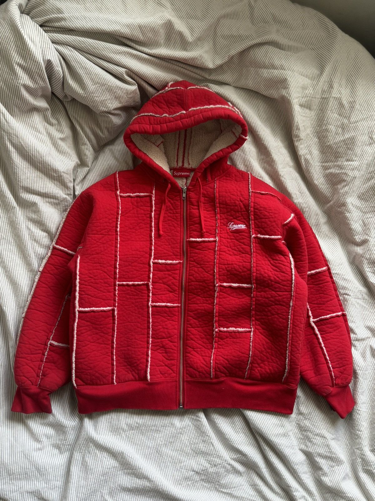 image of Supreme Faux Shearling Zip Up Hoodie in Red, Men's (Size Small)