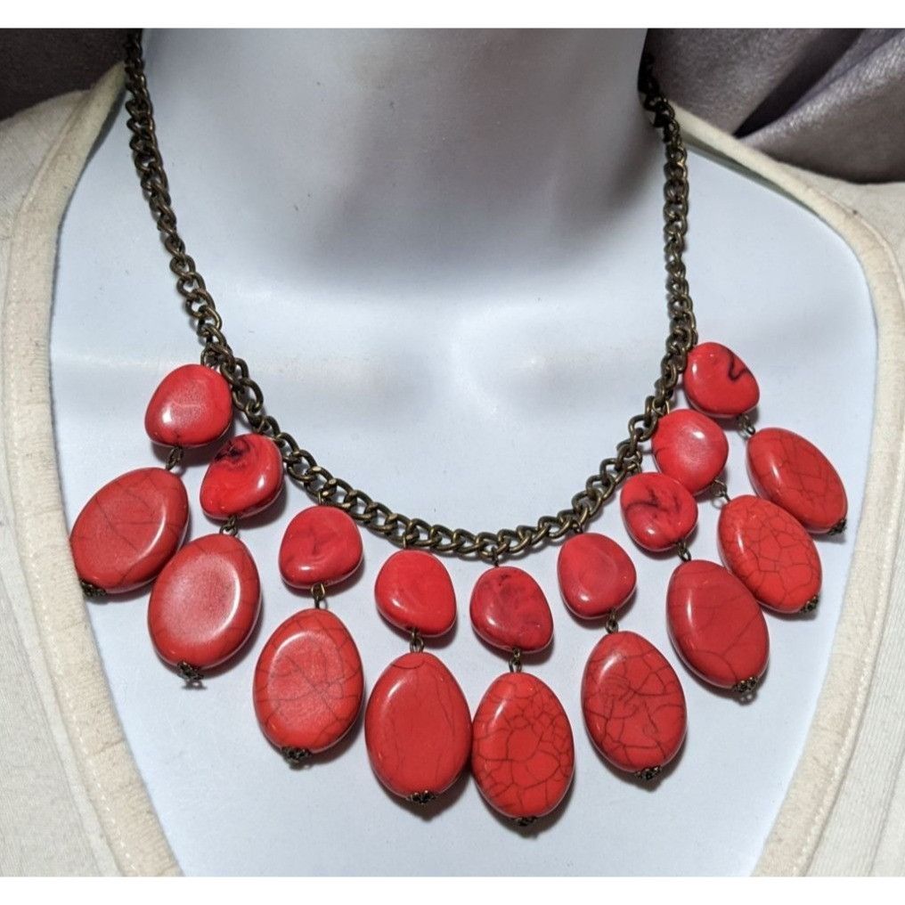Other Red Howlite Beaded Fringe Statement Necklace Size ONE SIZE - 7 Thumbnail