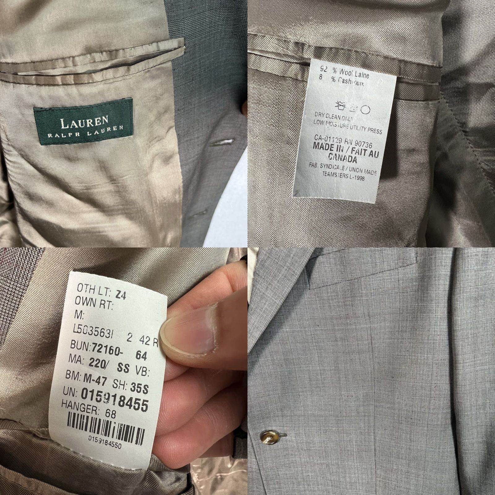 Ralph Lauren VINTAGE Lauren Ralph Lauren Wool & Cashmere Sport Coat Blazer 2 Button Single-Breasted Mens 42R Brown Houndstooth Tweed Canada 90s? Size 42R - 8 Thumbnail
