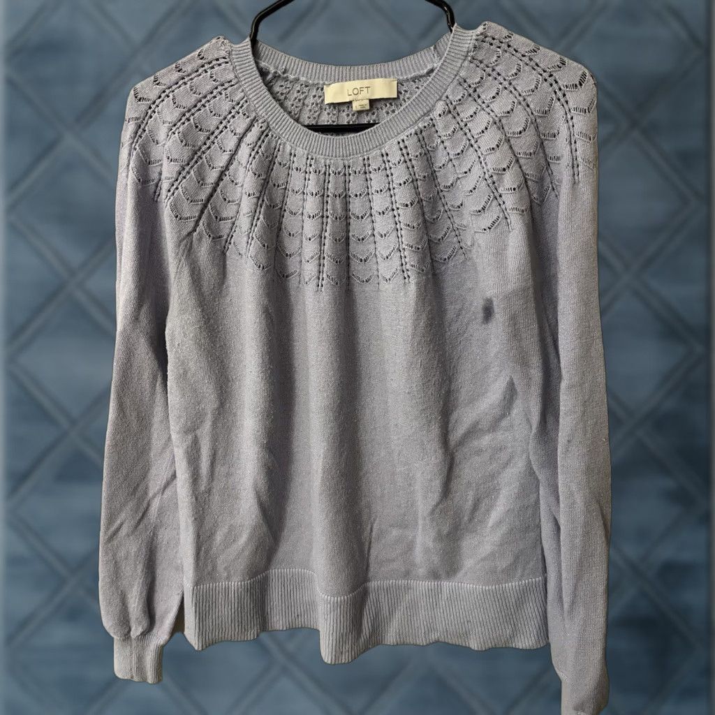 Loft LOFT Sweater Shirt Women Large Blue Geometric Knit Pullover Casual Wool Blend Long Sleeve Round Neck Vintage No (Size L) Size L / US 10 / IT 46 - 1 Thumbnail
