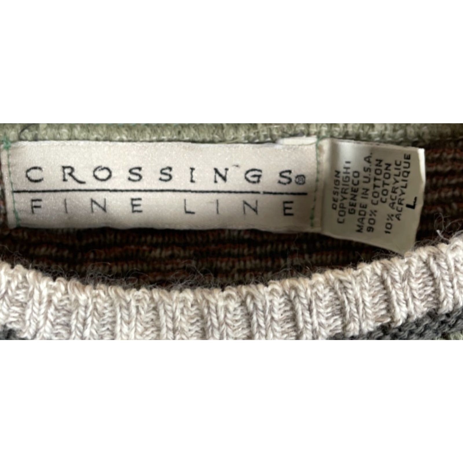 Vintage Crossings Sweater Mens Large Beig e Green Diamond Pattern 90s Textured Cotton-Acrylic Knit Crew Neck Vintage Pullover Casual Size US L / EU 52-54 / 3 - 3 Thumbnail