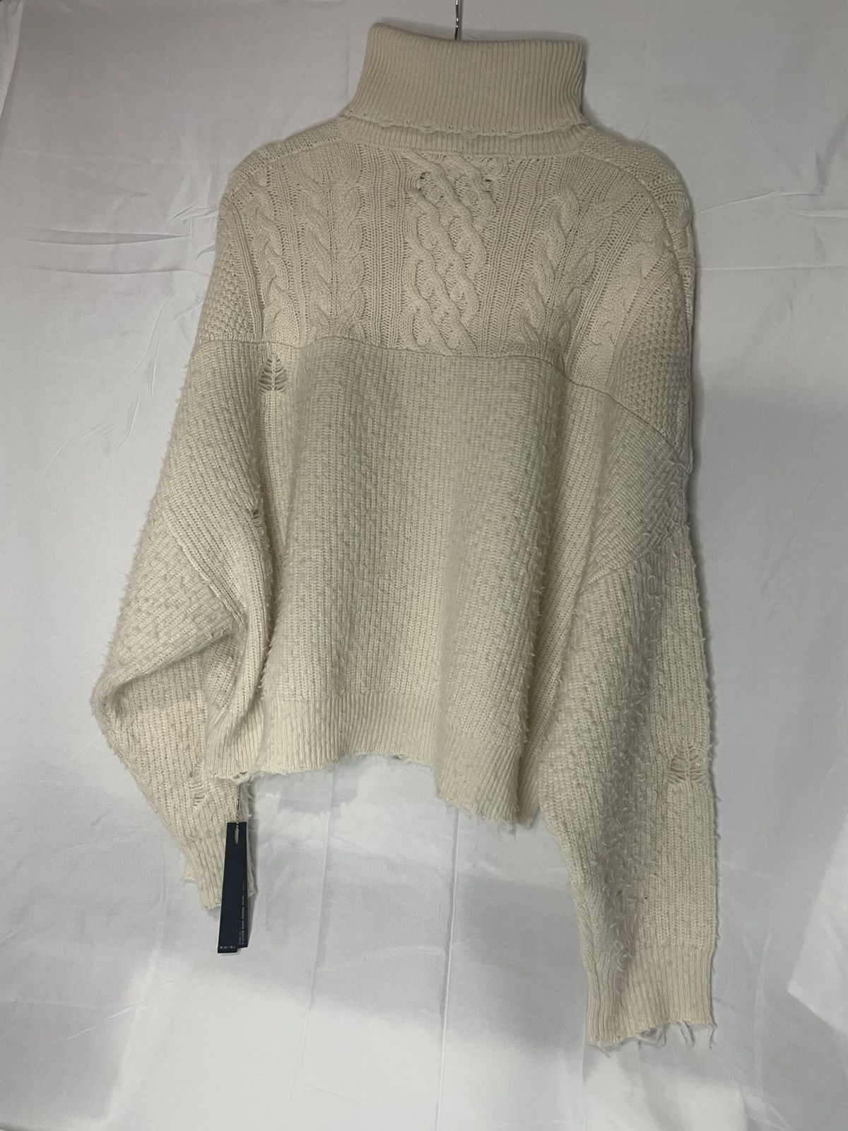 Amiri AMIRI Distressed Cable Knit Turtleneck Sweater Cream Size US M / EU 48-50 / 2 - 2 Thumbnail