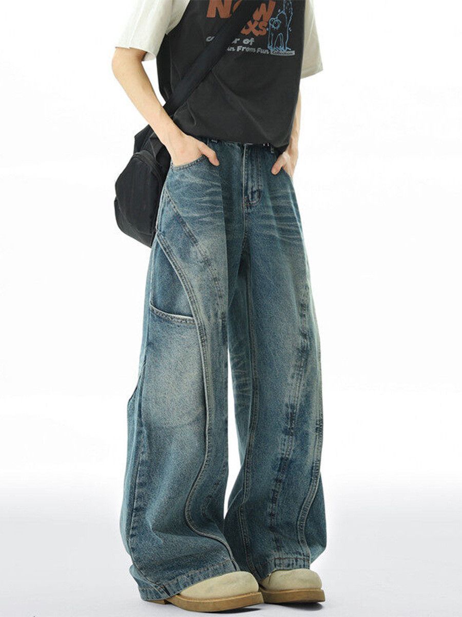 Vintage American men's loose retro patchwork washed curved jeans Size US 32 / EU 48 - 4 Thumbnail