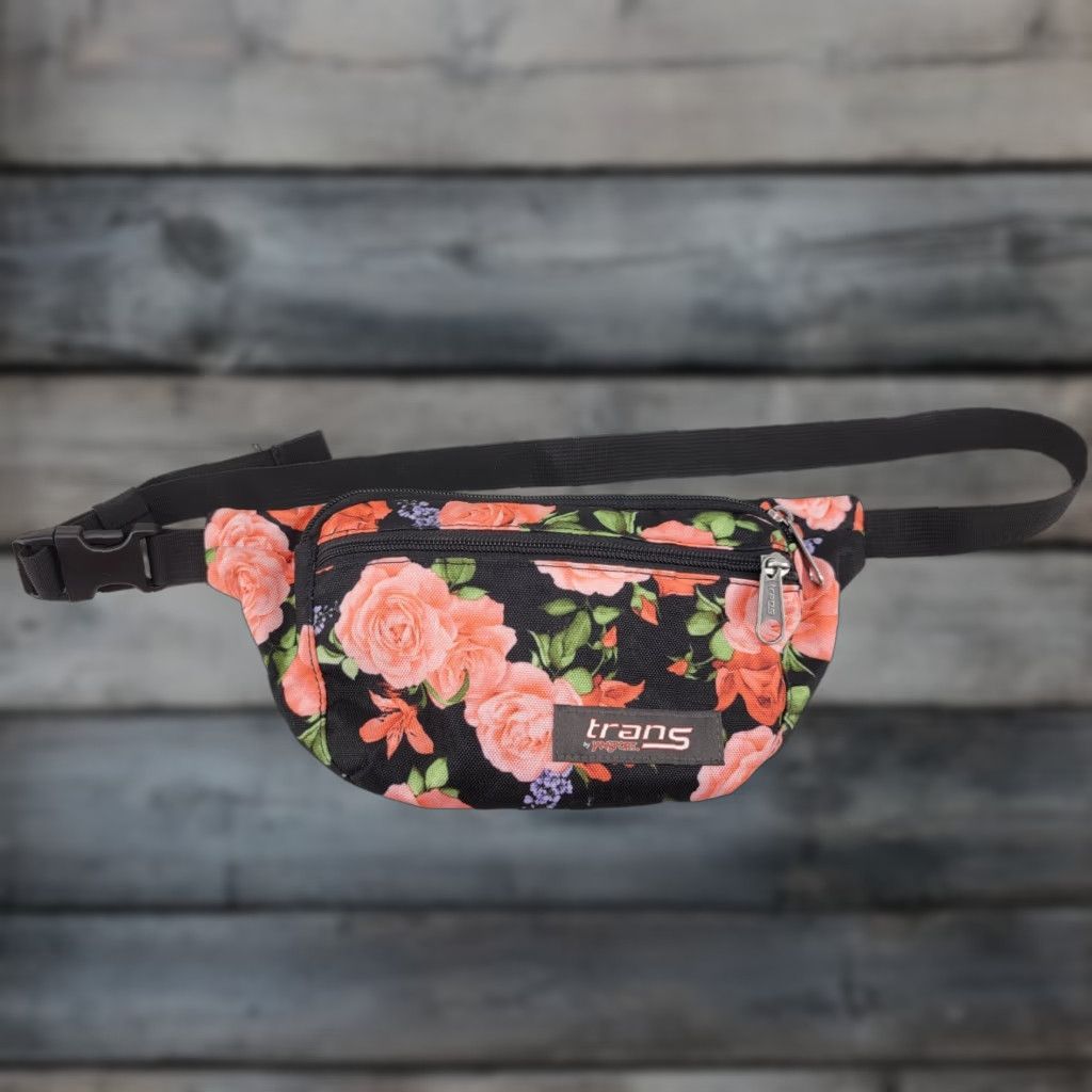 Jansport VINTAGE Jansport Waist Pack Fanny Pack Women Black Floral Rose Pattern Medium Double Zip Pockets Boys? Size ONE SIZE - 1 Thumbnail