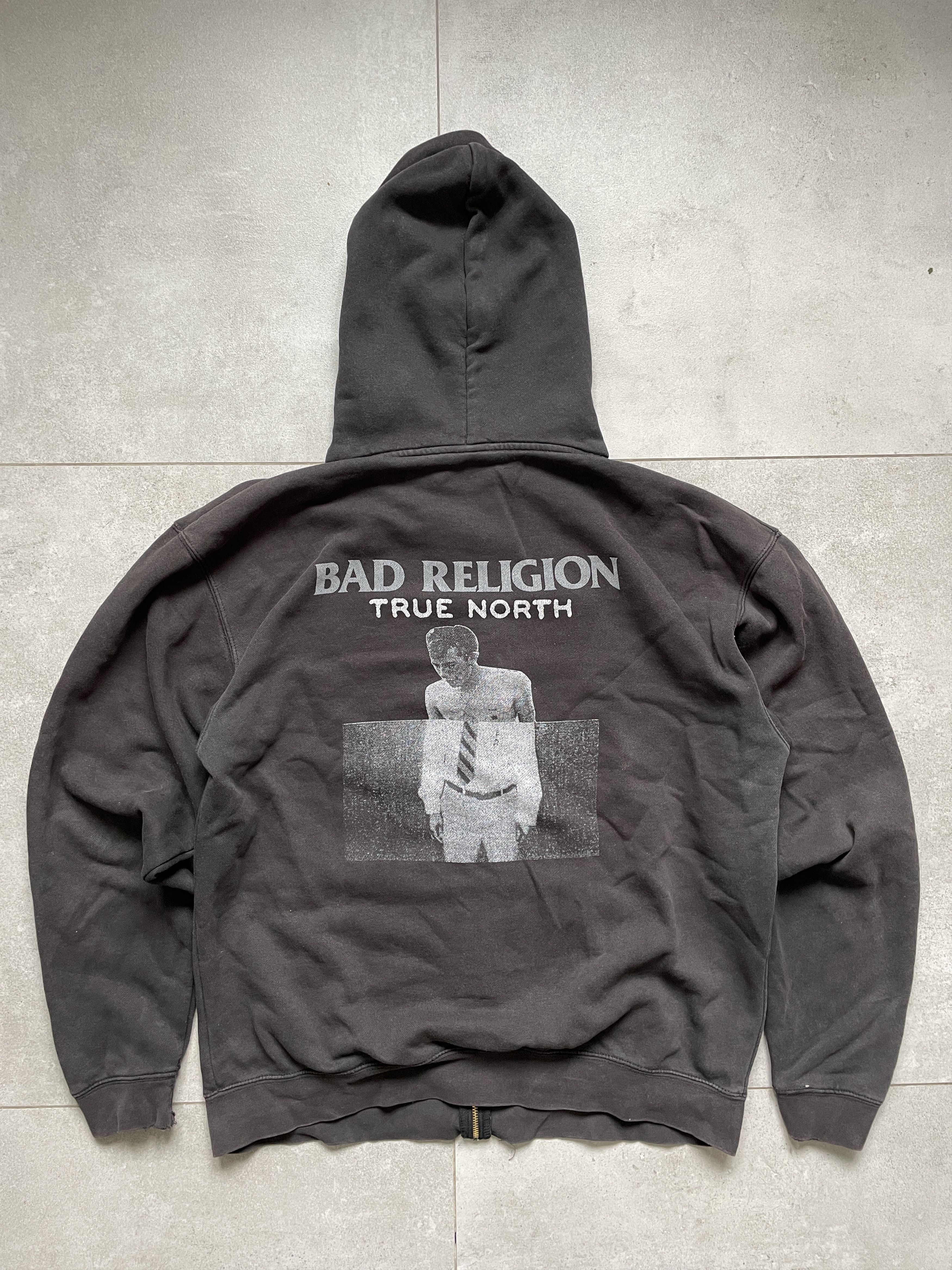 image of Band Tees x Rock T Shirt Vintage Bad Religion Y2K True North Epitaph Black Zip Hoodie in Washed Bla