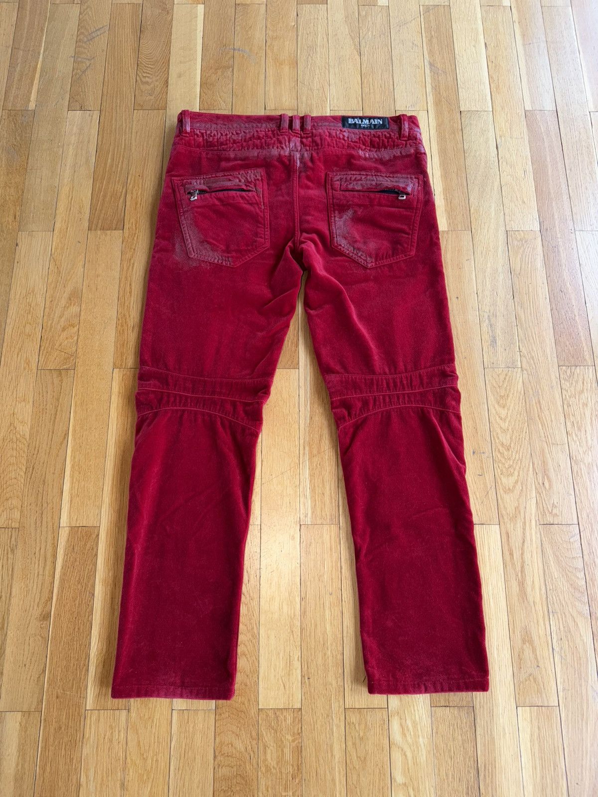 Balmain Balmain AW12 Decarnin Red Gridded Waxed Velours Biker Jeans Size US 30 / EU 46 - 4 Thumbnail