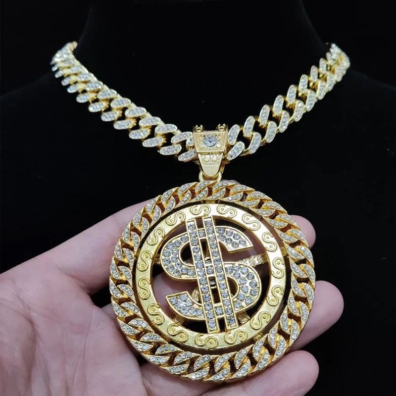 Jewelry Iced out Bling Rotatable Dollar Pendant Necklace 13mm Width Size ONE SIZE - 3 Thumbnail