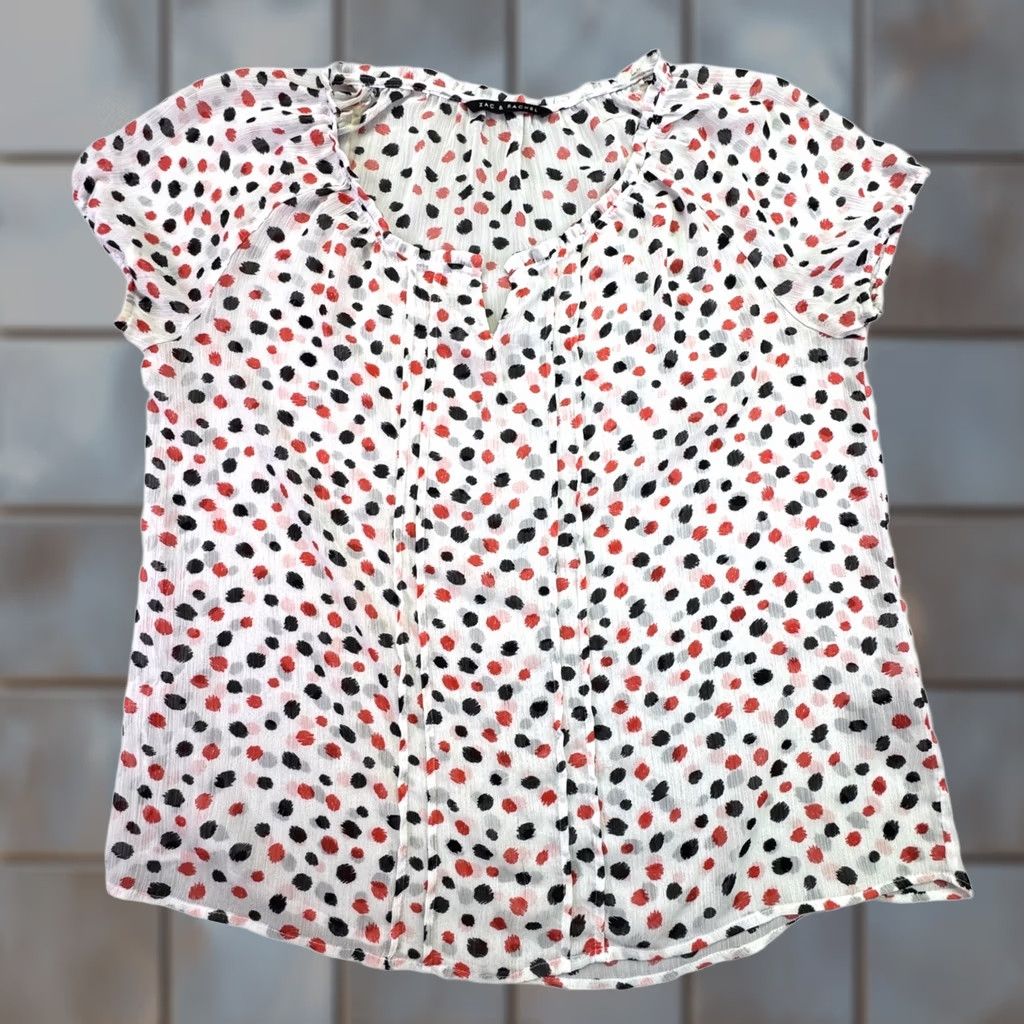 Vintage Zac & Rachel Blouse Women's XL White Red Black Dot Sheer Short Sleeve V-Neck Flutter Sleeve Polka Dot Pleated Breathable Unlined Casual Workwear Size XL / US 12-14 / IT 48-50 - 1 Thumbnail
