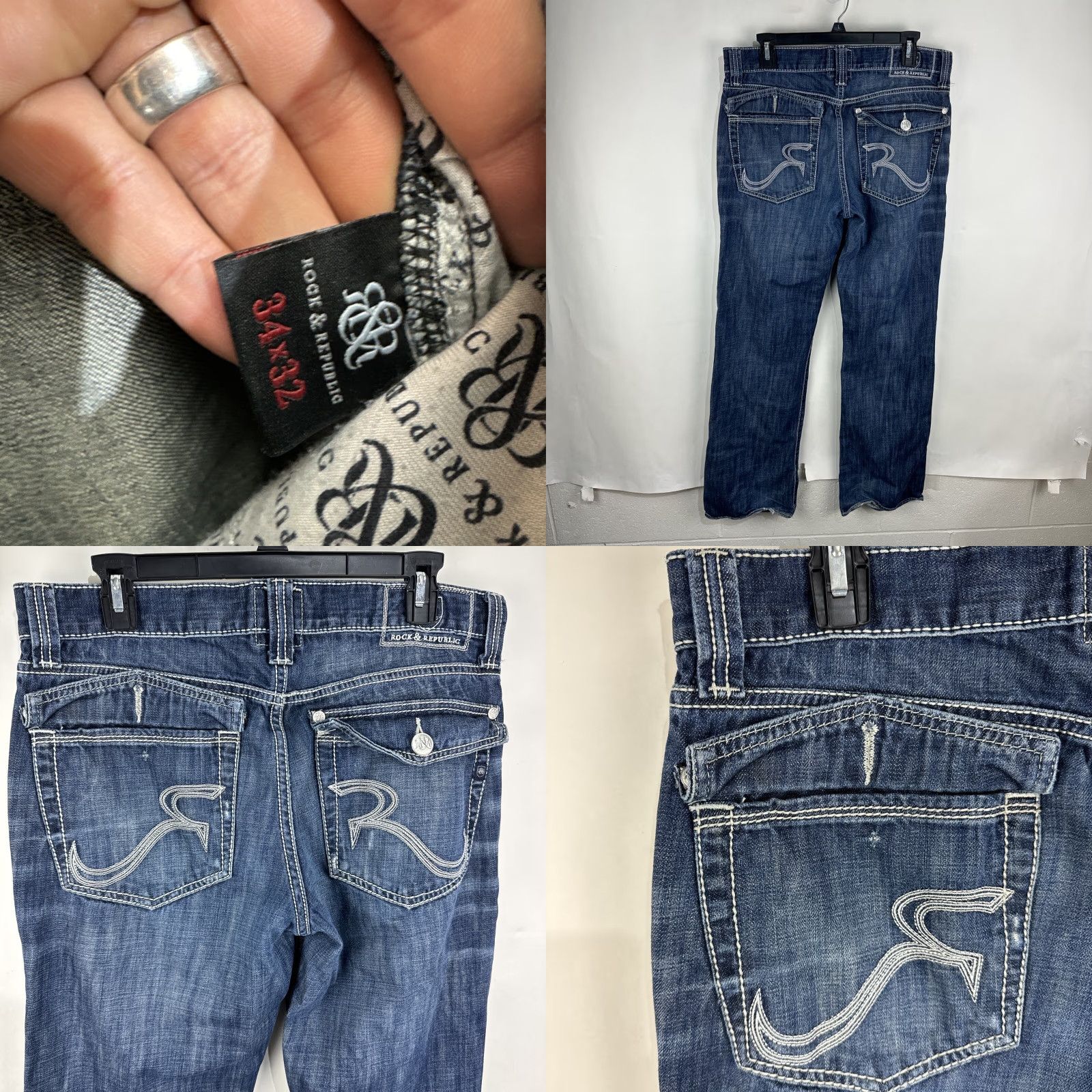 Vintage Rock & Republic Jeans Men's 34x32 Blue Denim Bootcut Medium Wash Distressed Straight 5-Pocket Size US 34 / EU 50 - 9 Thumbnail