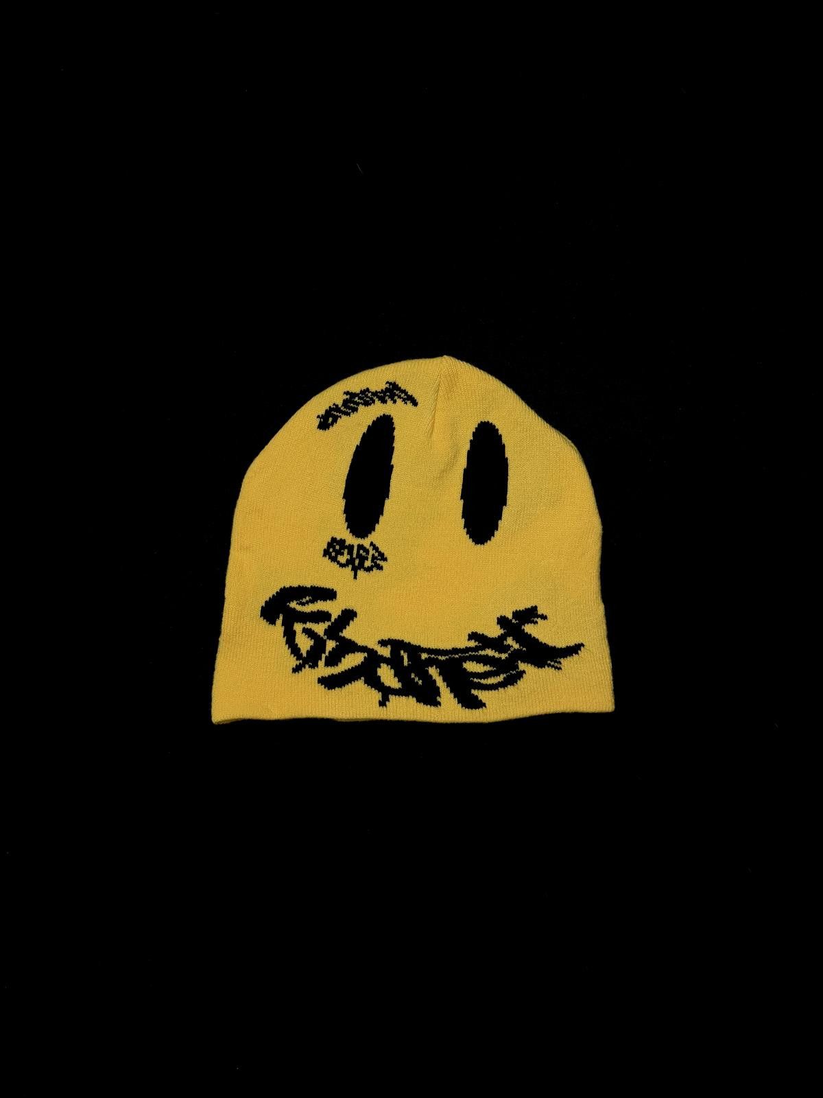 Japanese Brand Y2k Graffiti Smiley Face No Cuff Knit Yellow Beanie Hat OS Size ONE SIZE - 1 Thumbnail