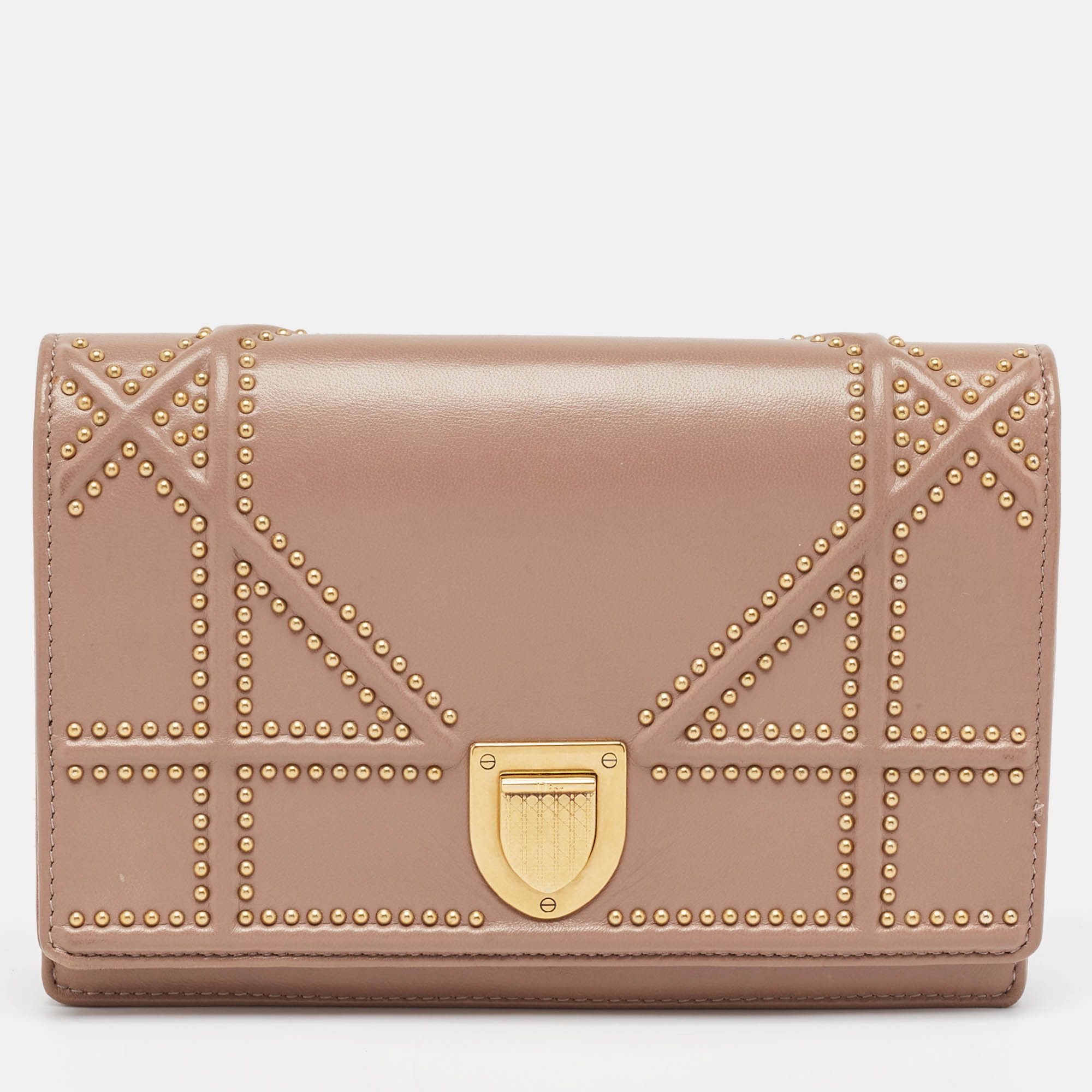 image of Dior Pink Leather Studded Ama Wallet On Chain, Women's