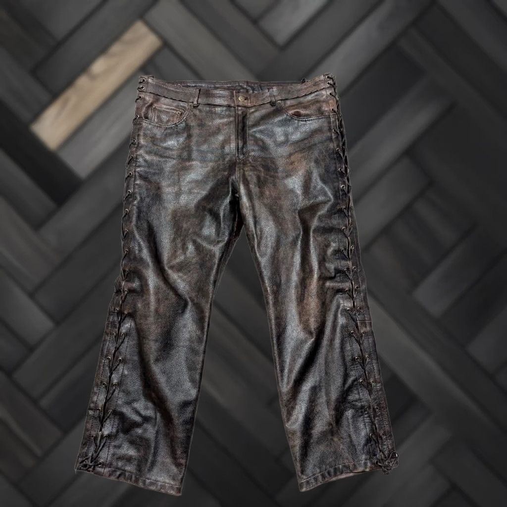 Vintage VINTAGE motorcycle pants cowhide leather 40x30 brown Western jeans Mens Size US 40 / EU 56 - 1 Thumbnail