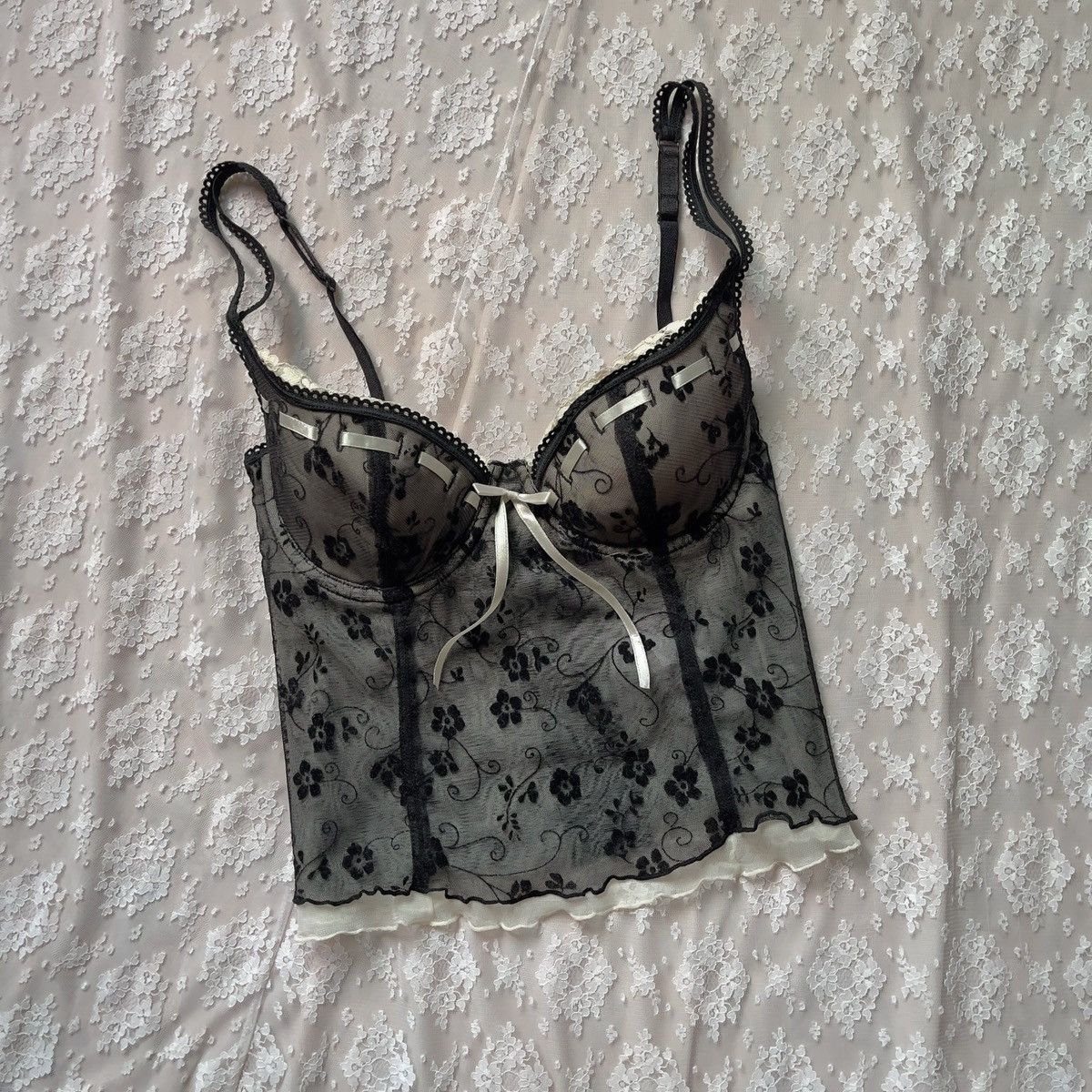 Vintage Romantic Black Floral Mesh Bustier (34B/32C) Size ONE SIZE - 3 Thumbnail