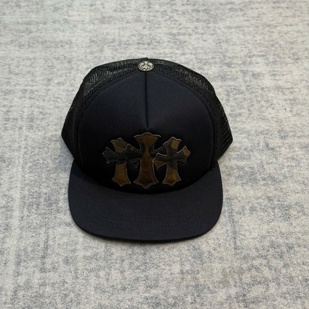 Chrome Hearts Cemetery Leather Patch Camo Trucker Hat black