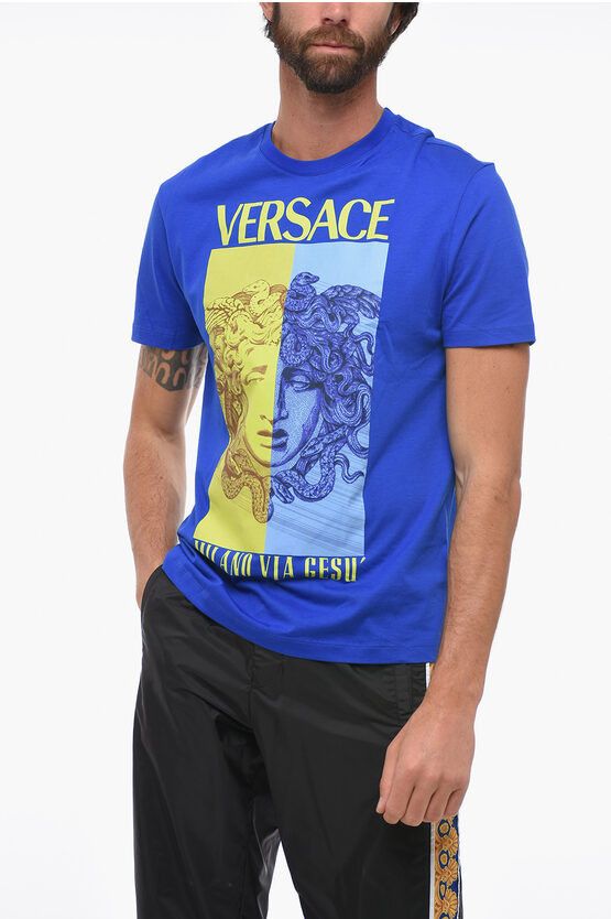 image of Versace Crew Neck Medusa Cotton T-Shirt With Maxi Print in Blue, Men's (Size Medium)